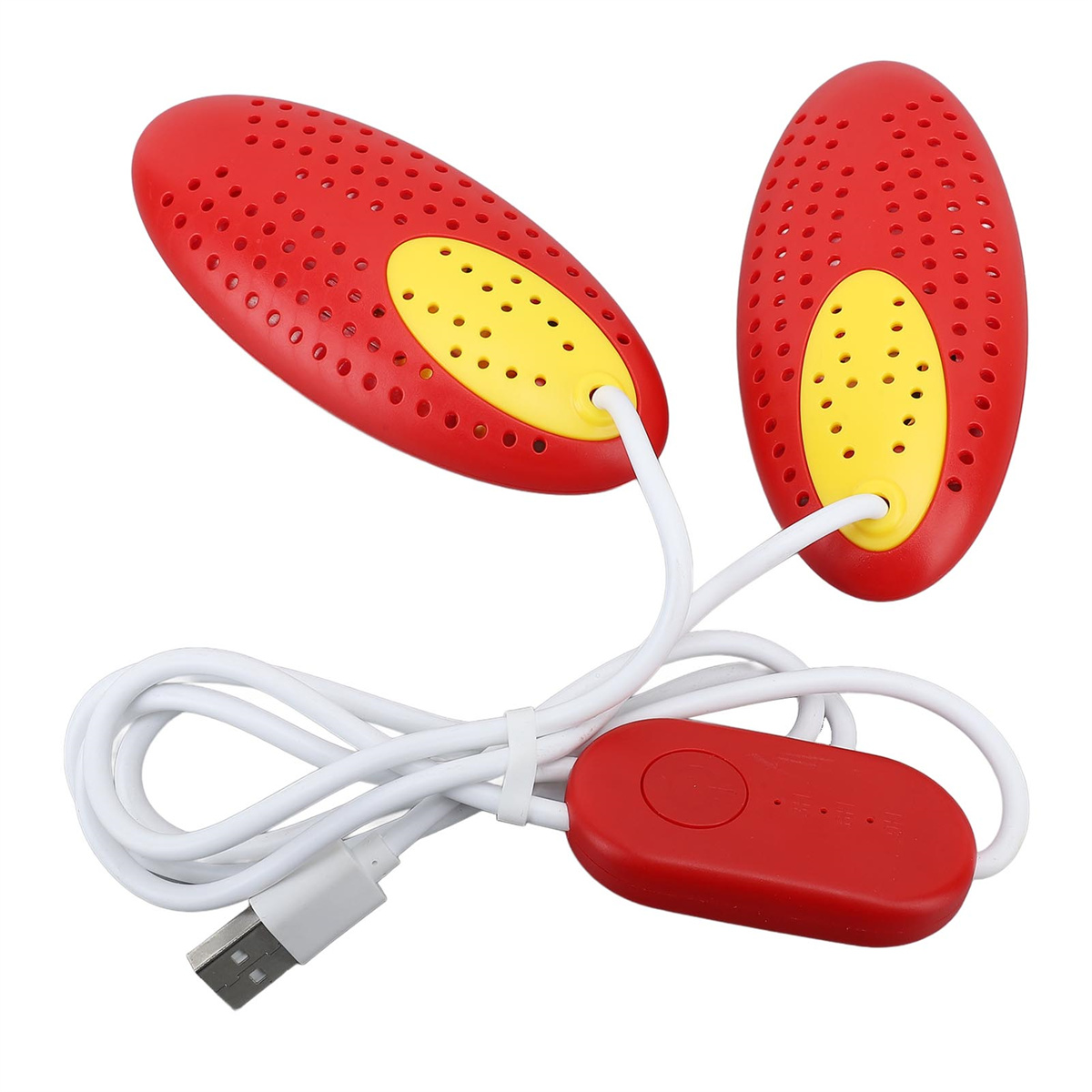 Roter Schuhtrockner mit gelben Zentren, verbunden durch ein weißes Kabel mit einer roten Steuereinheit mit USB-Stecker.
