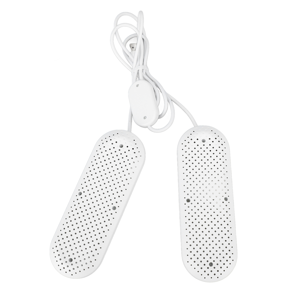 Zwei weiße Schuhtrockner. Perforierte Oberfläche mit kleinen Löchern. Weißes Kabel.