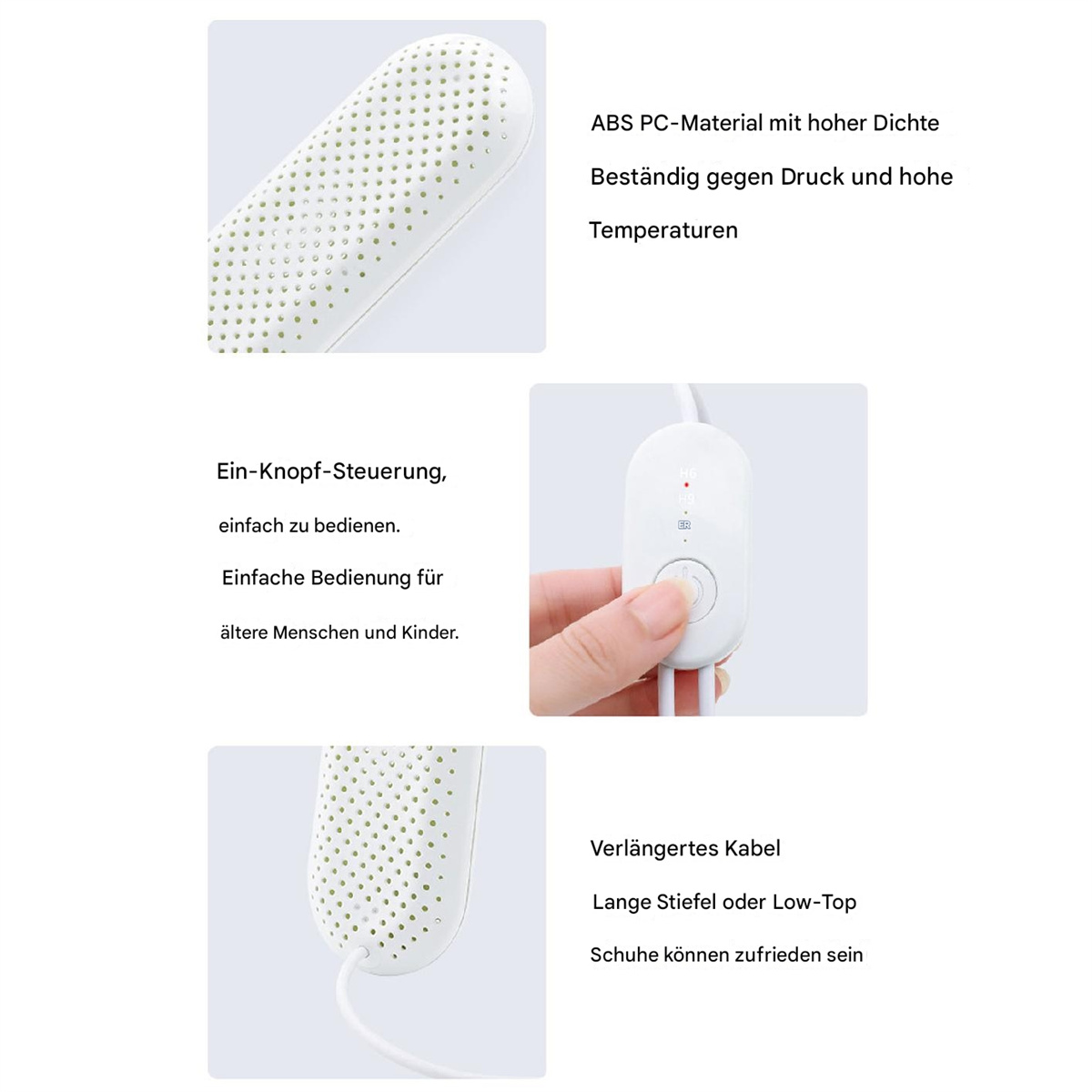 Schuhtrockner mit Steuertaste. Weiß-graues Design. Nahaufnahmen von Taste und Trocknungselement. Weißer Hintergrund.