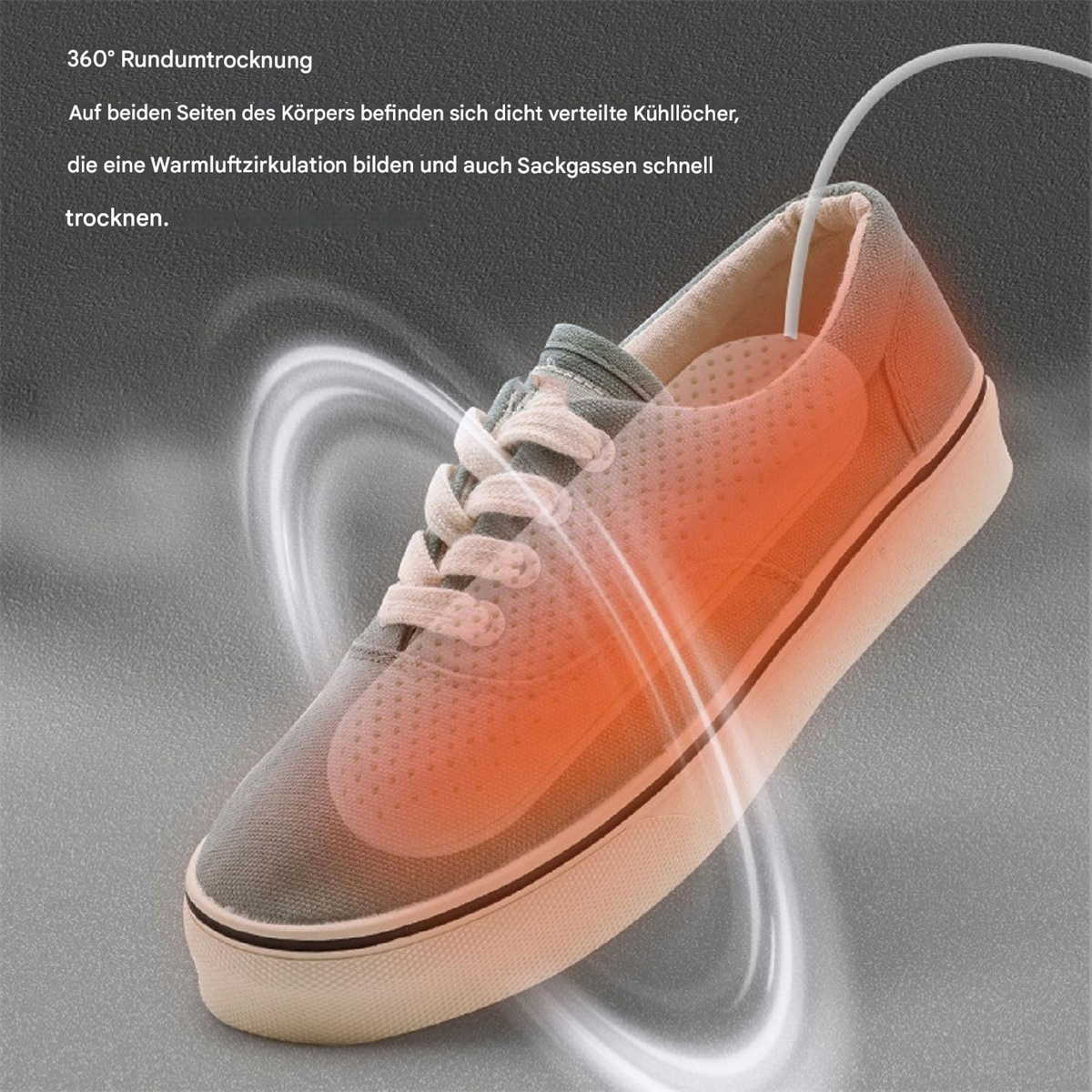 Ein Sneaker mit Heizelement, mit Text, der den Trocknungsprozess beschreibt.