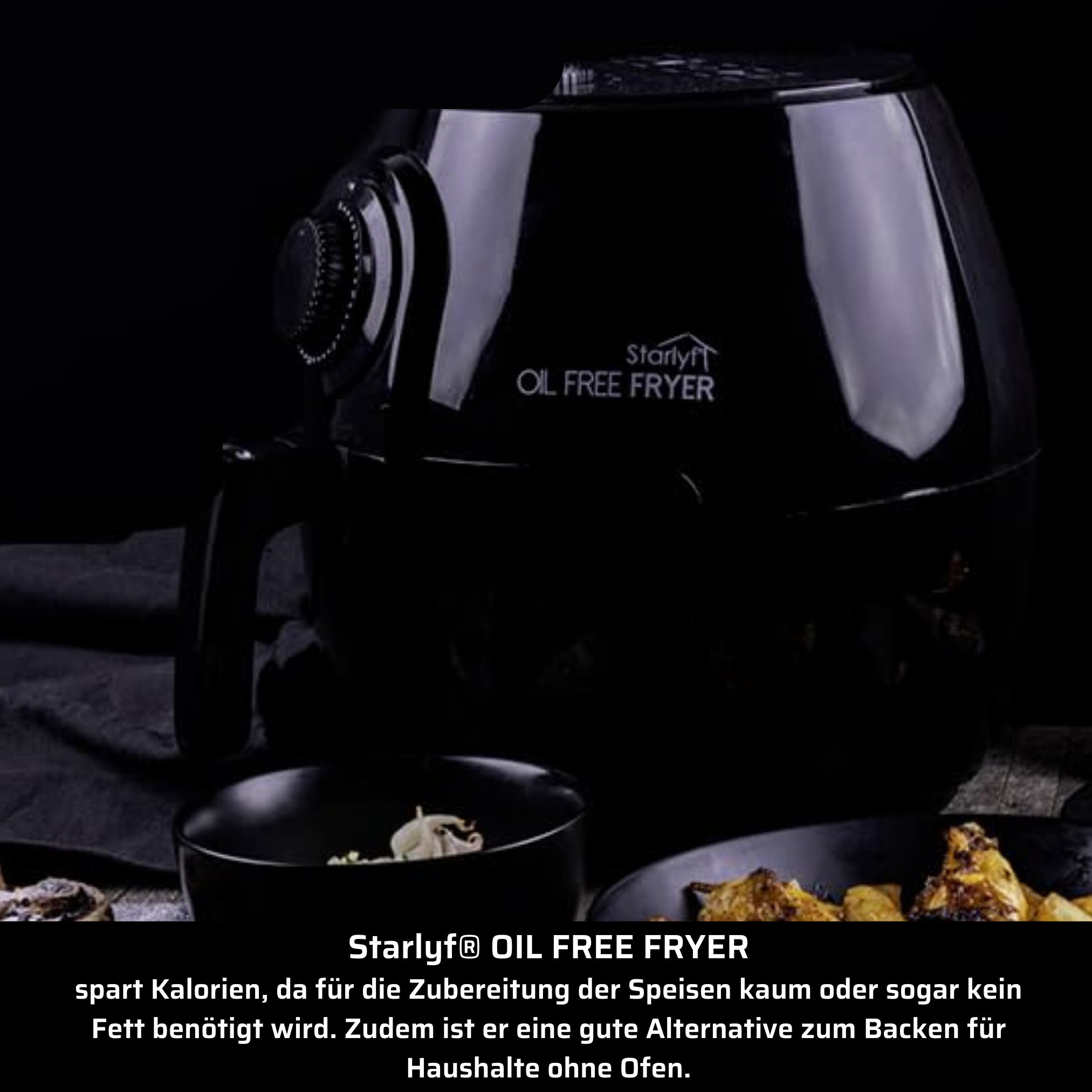 Eine schwarze fettfreie Fritteuse mit etwas Essen in einer schwarzen Schüssel. Text über das Produkt.