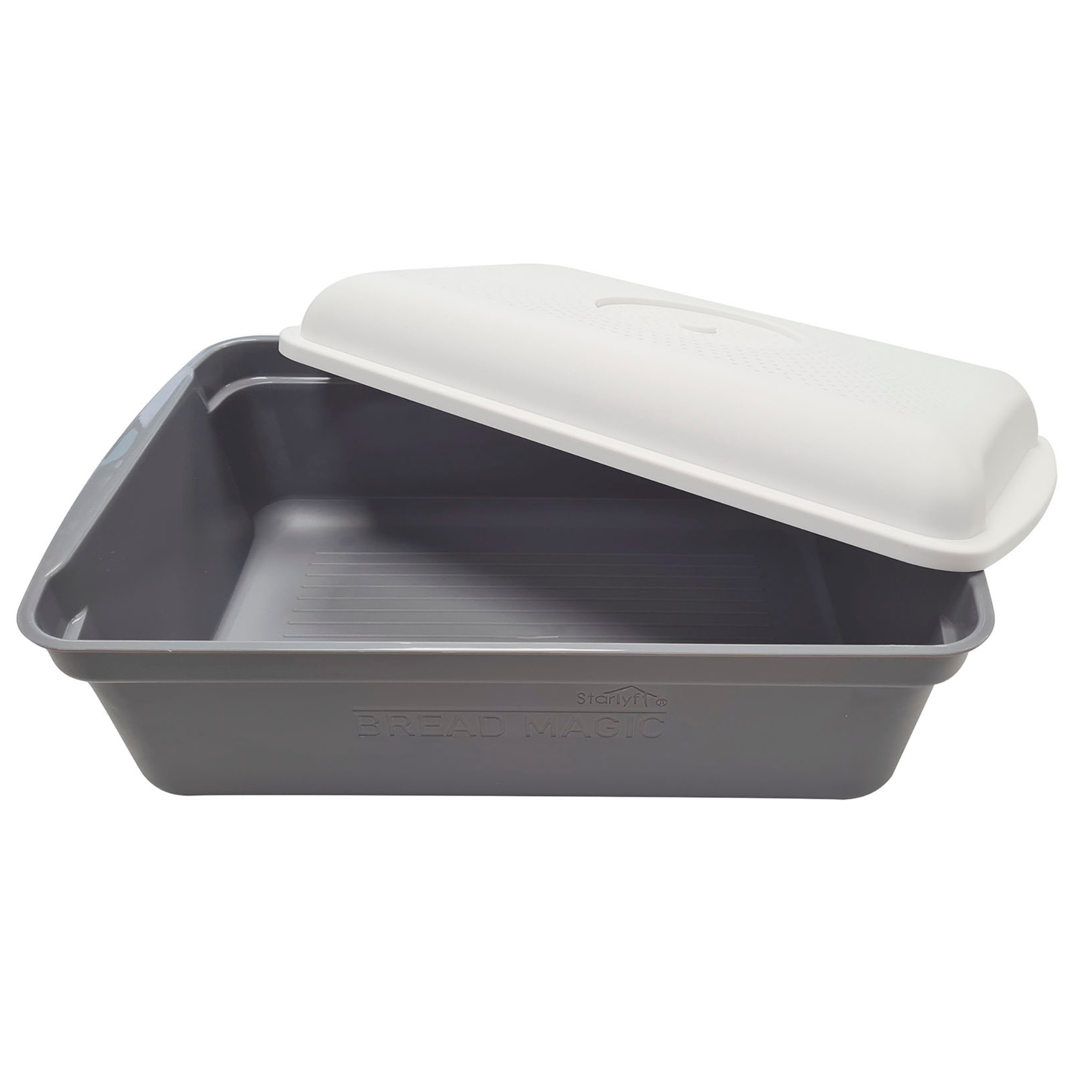 Une moule à pain grise avec un couvercle blanc, le couvercle est légèrement ouvert et a une ouverture.