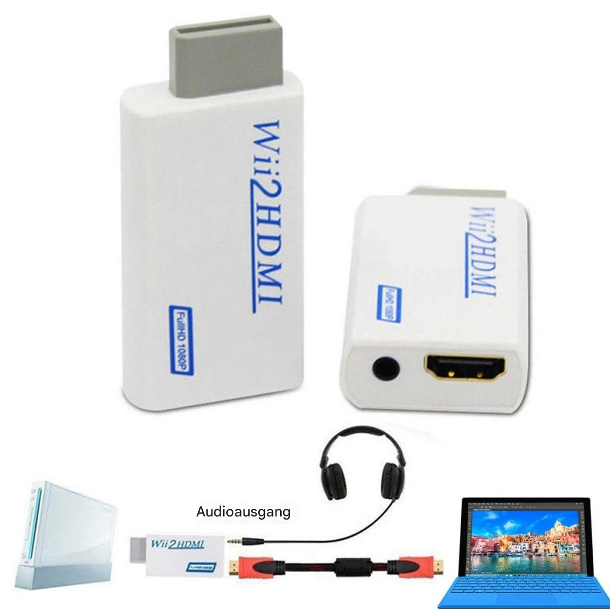 Weißer Wii2HDMI-Adapter, schwarze Kopfhörer, Laptop und eine Wii-Konsole.