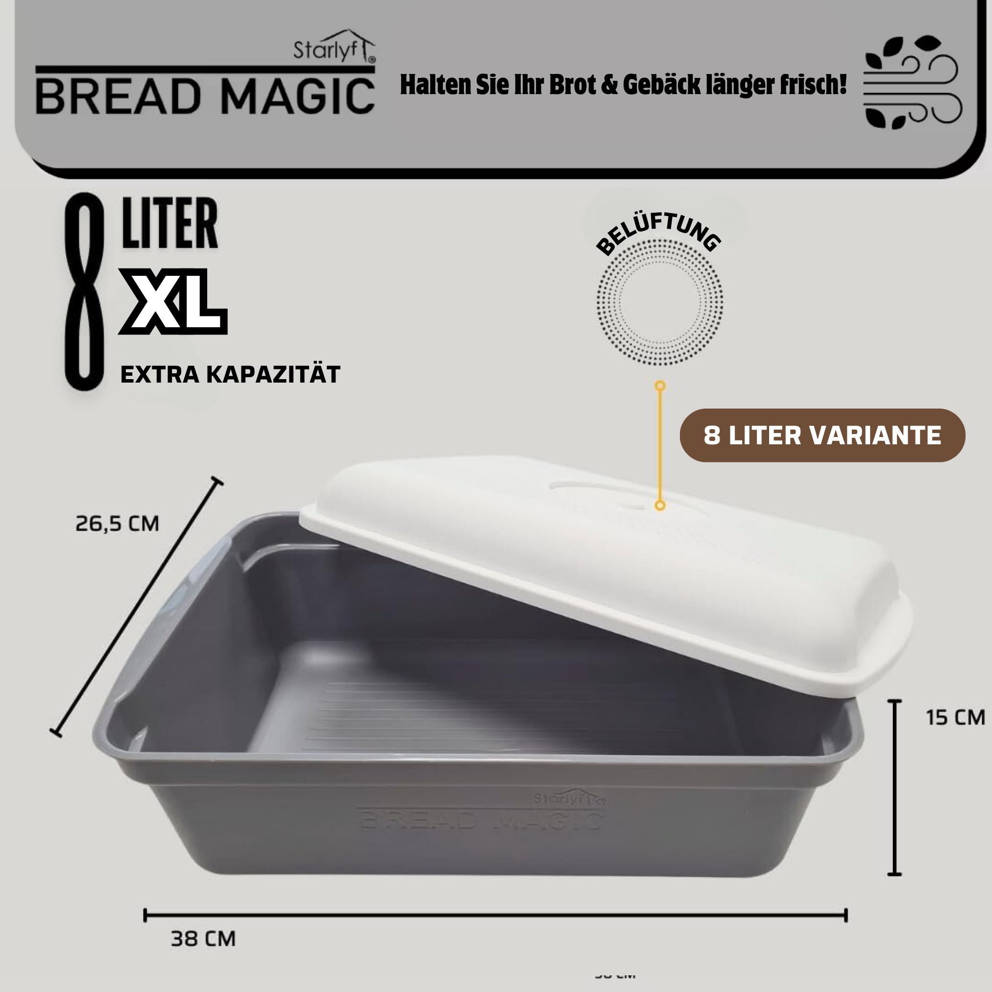 Une boîte à pain avec couvercle ouvert, grise et blanche, avec dimensions. Texte dit Bread Magic et capacité XL.