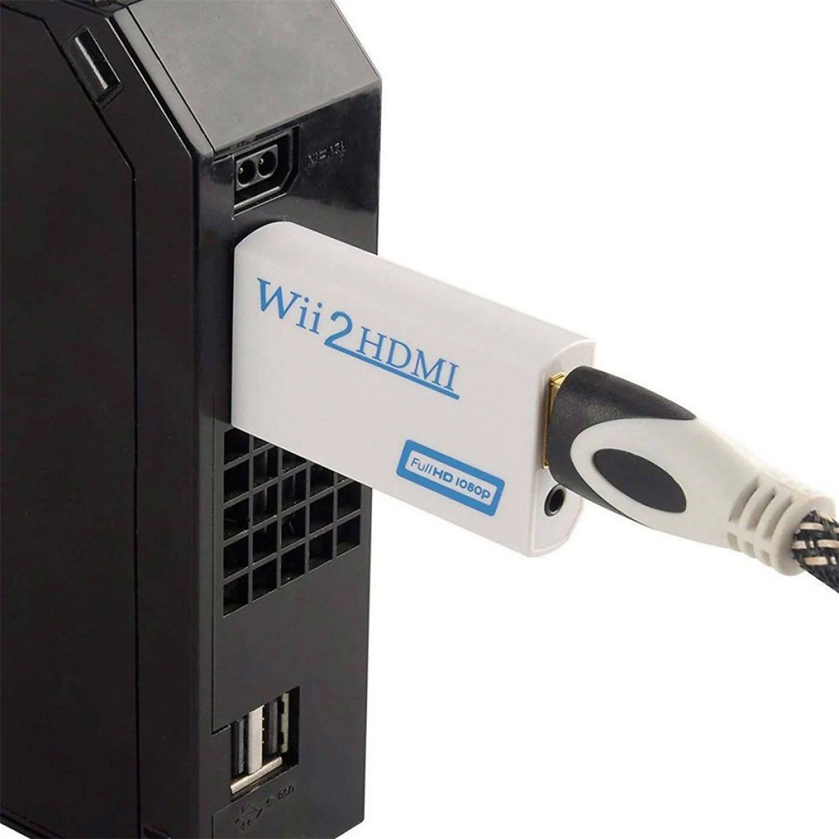 Wii 2 HDMI Adapter an eine schwarze Spielkonsole angeschlossen. Schwarz-weißes HDMI-Kabel.