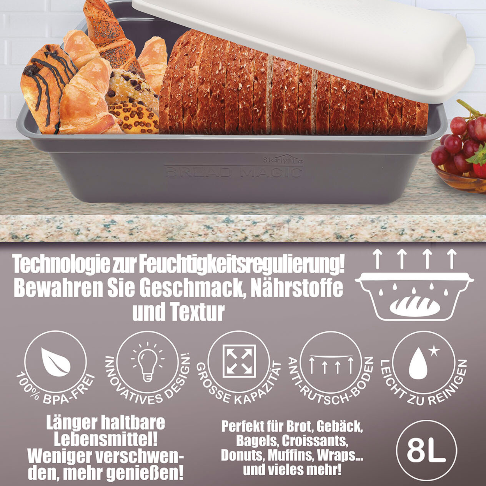Un récipient à pain avec divers pains, une miche tranchée et un schéma de régulation de l'humidité.