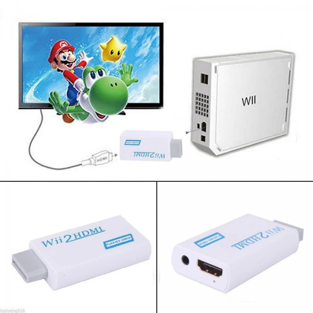 Wii-Konsole und Wii2HDMI-Adapter mit Mario und Yoshi auf dem Fernseher. Weiß, Schwarz und Blau.