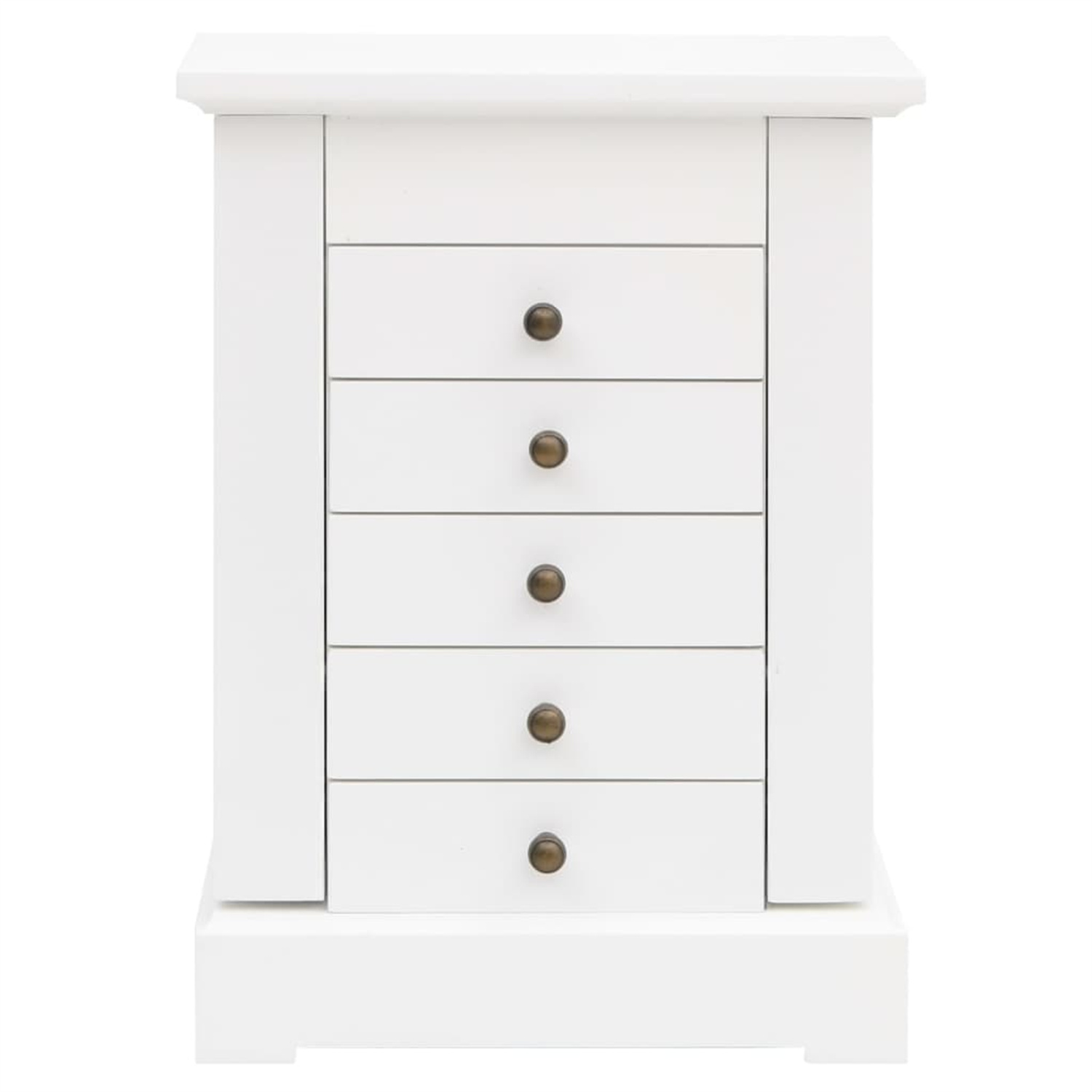 Weißer Schmuckschrank mit Schubladen und bronzefarbenen Knöpfen.