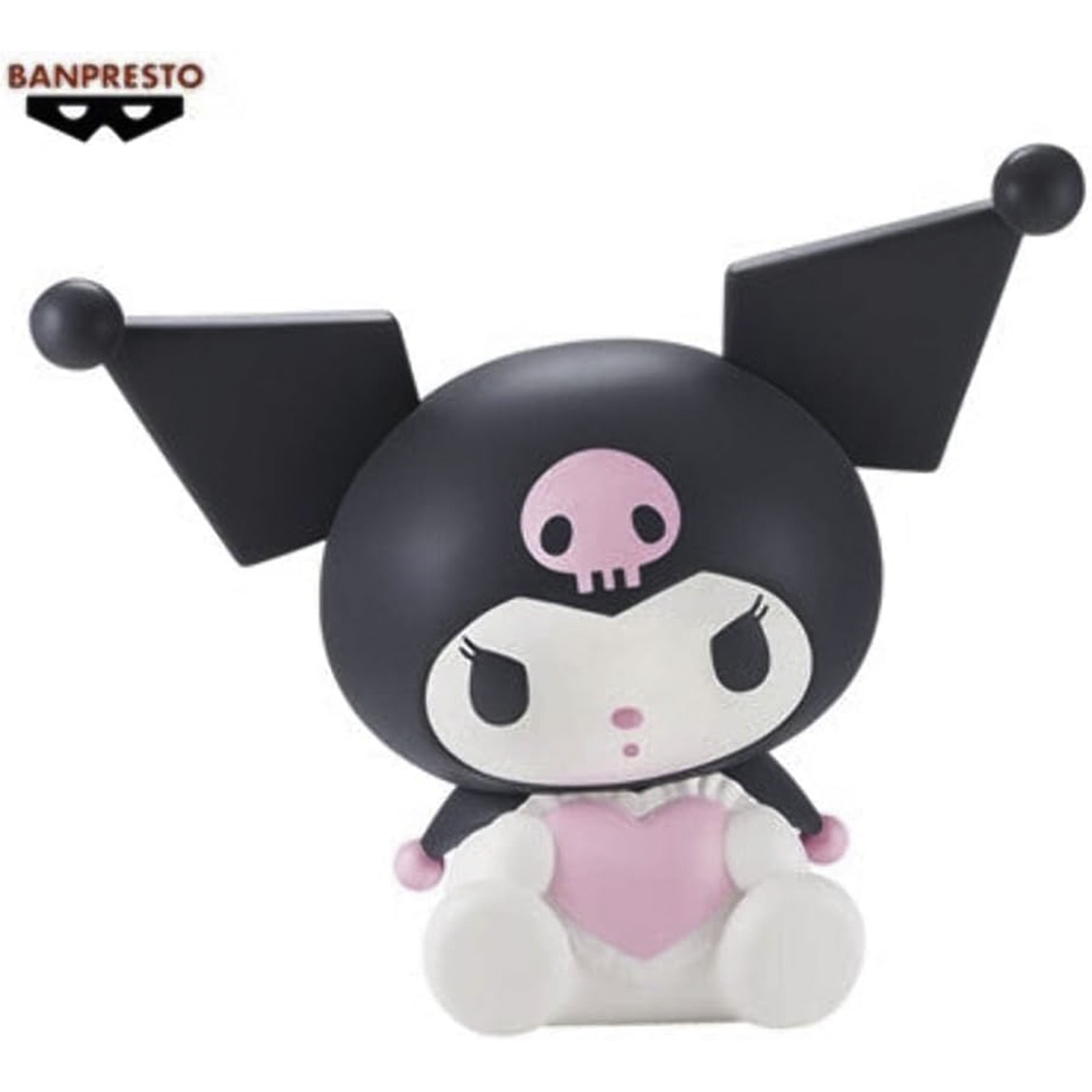 Kuromi-Figur mit schwarzem Kopf und Ohren, rosa Schädel, weißem Körper und hält ein rosa Herz.