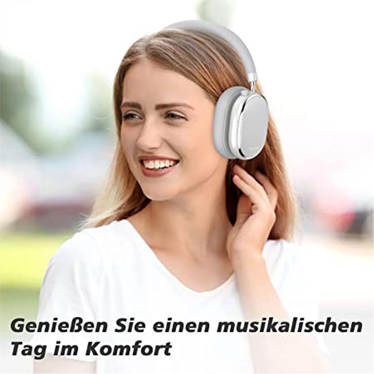 Frau mit grauen Kopfhörern lächelt. Text: Genieße einen musikalischen Tag in Komfort.