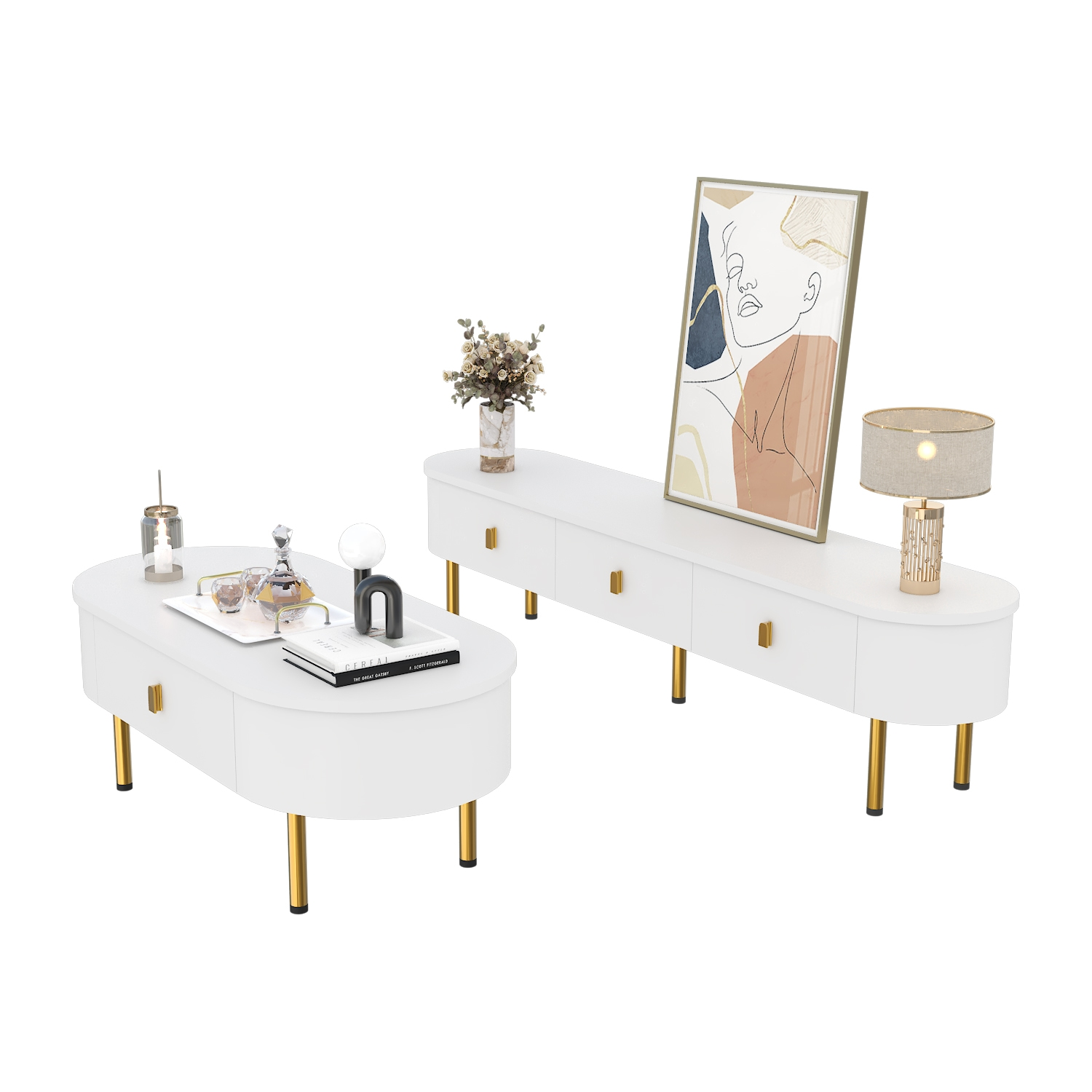 Weißes modernes Möbelset mit goldenen Beinen. Es enthält einen Couchtisch und einen langen Schrank.