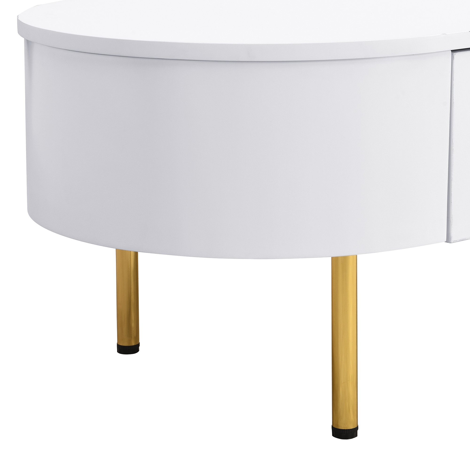 Weißer Halbrundschreibtisch mit goldenen Beinen, modernes Design.