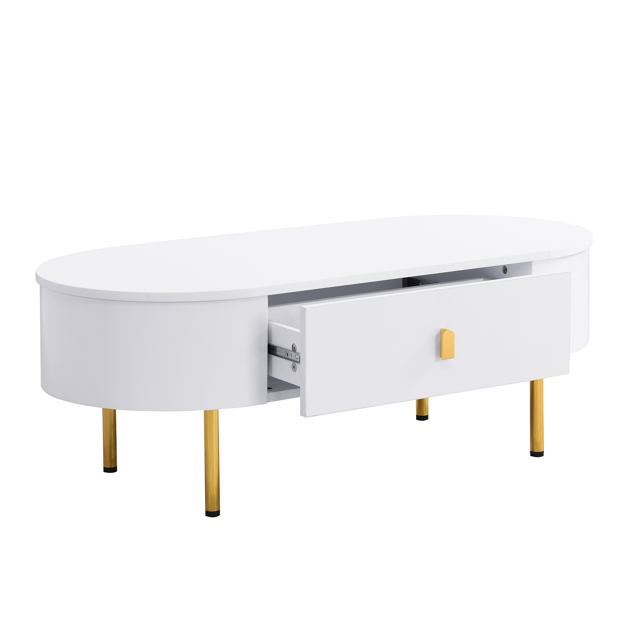 Weißer ovaler Couchtisch mit offener Schublade, goldfarbenen Beinen, weißer Hintergrund.