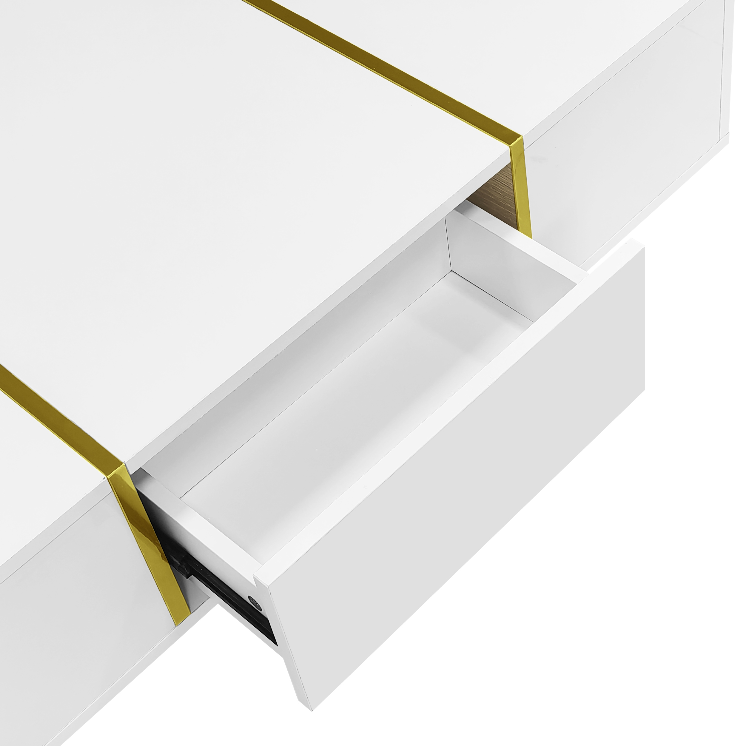 Weißer, leicht geöffneter Schublade mit goldener Linie, weißem Schrank und hellem Hintergrund.