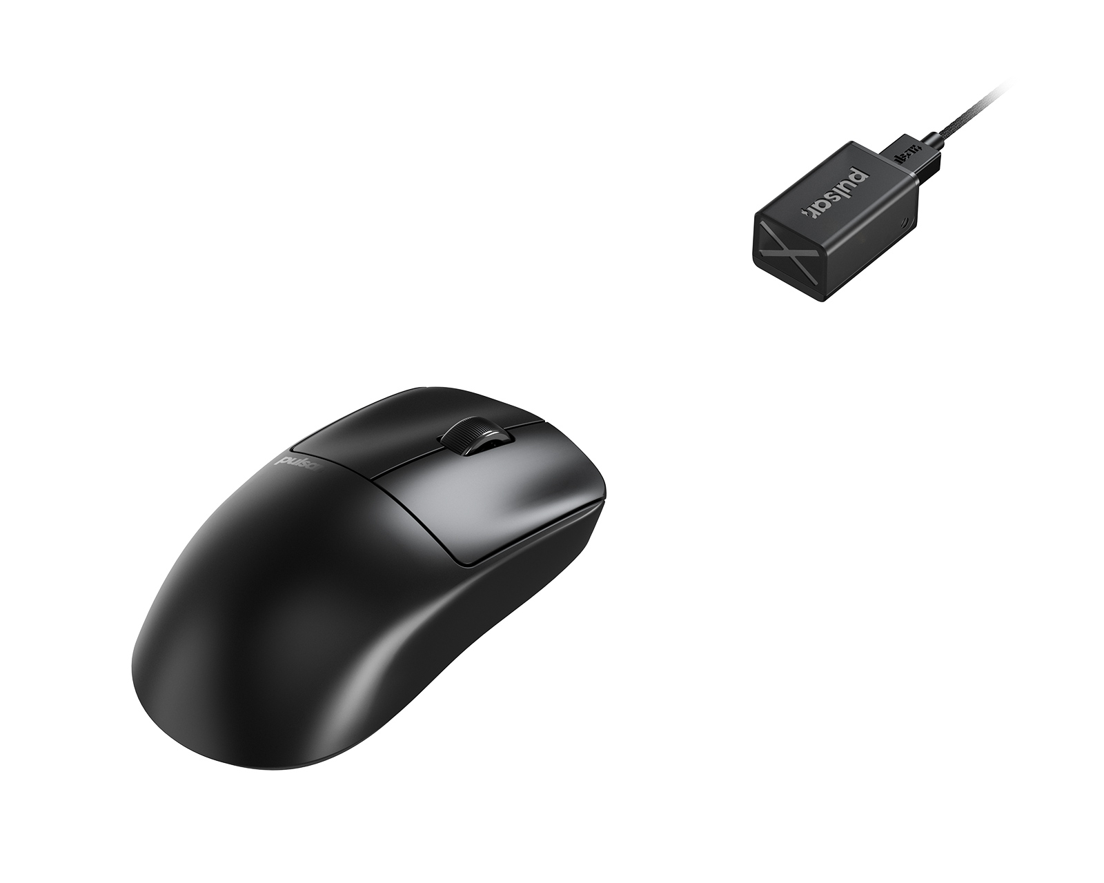 Schwarze kabellose Maus mit USB-Empfänger.