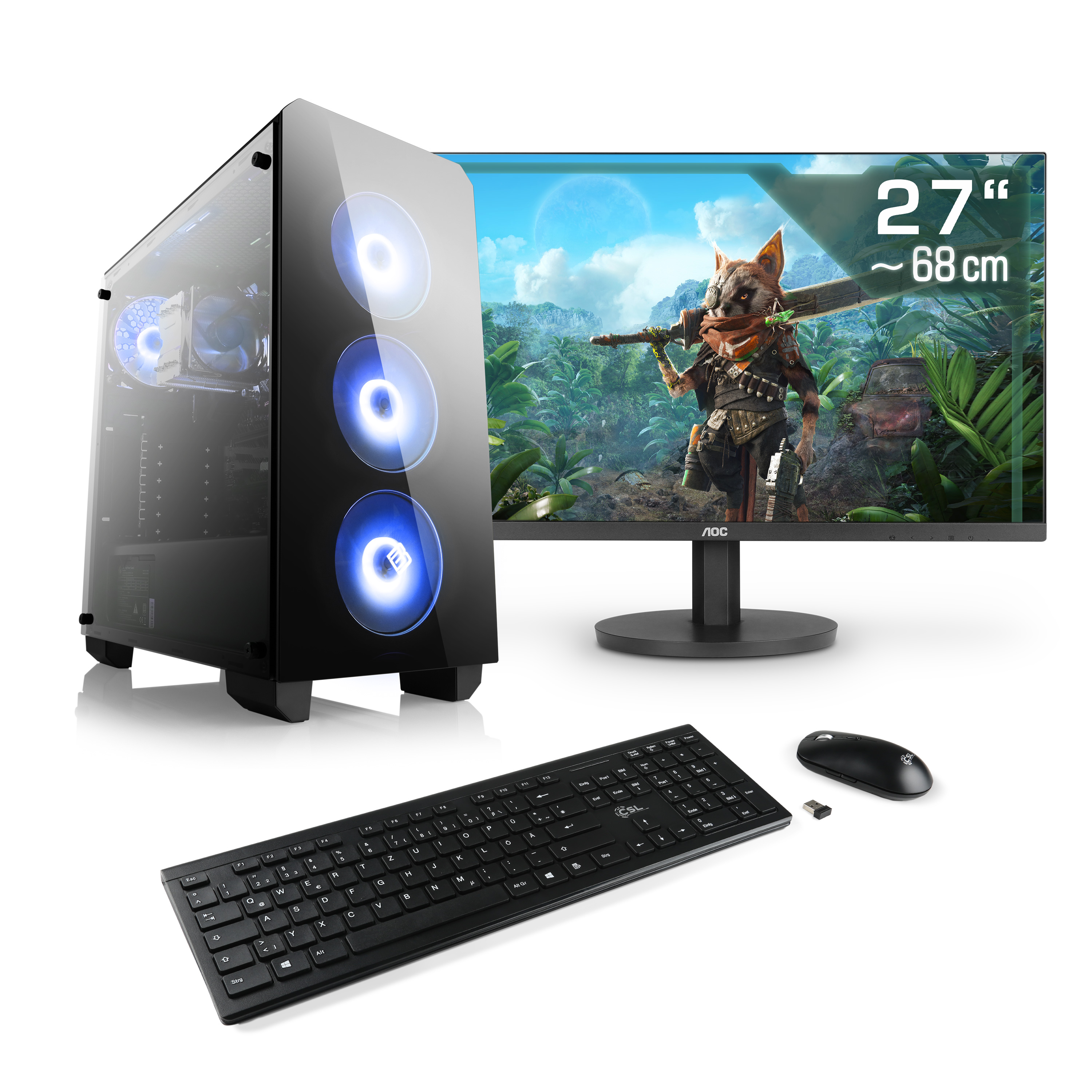 PC mit Monitor, Tastatur und Maus. Monitor zeigt eine Zeichentrickfigur. PC hat blaue Lichter.