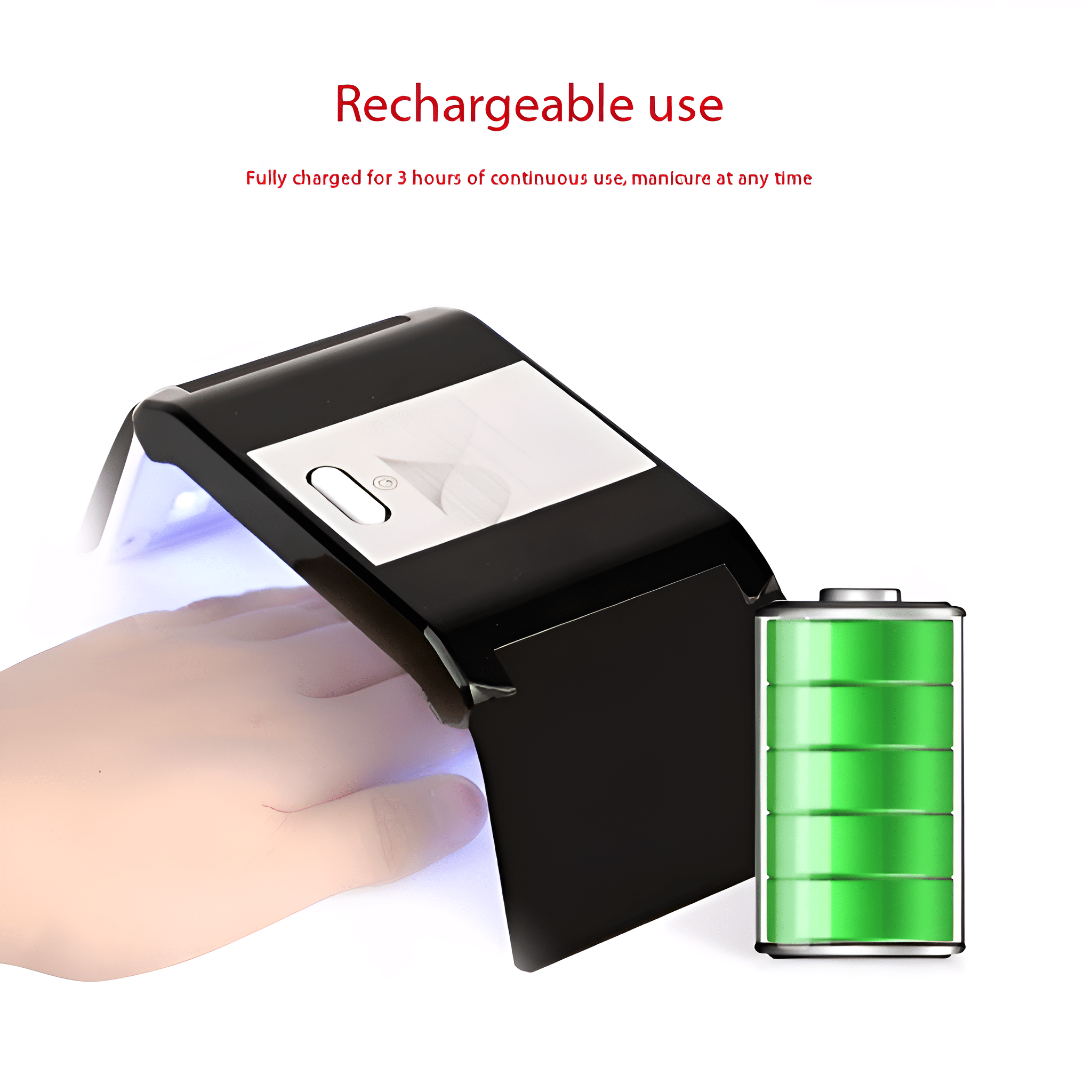 Schwarze Nagellampe mit Hand, grünes Batteriesymbol.