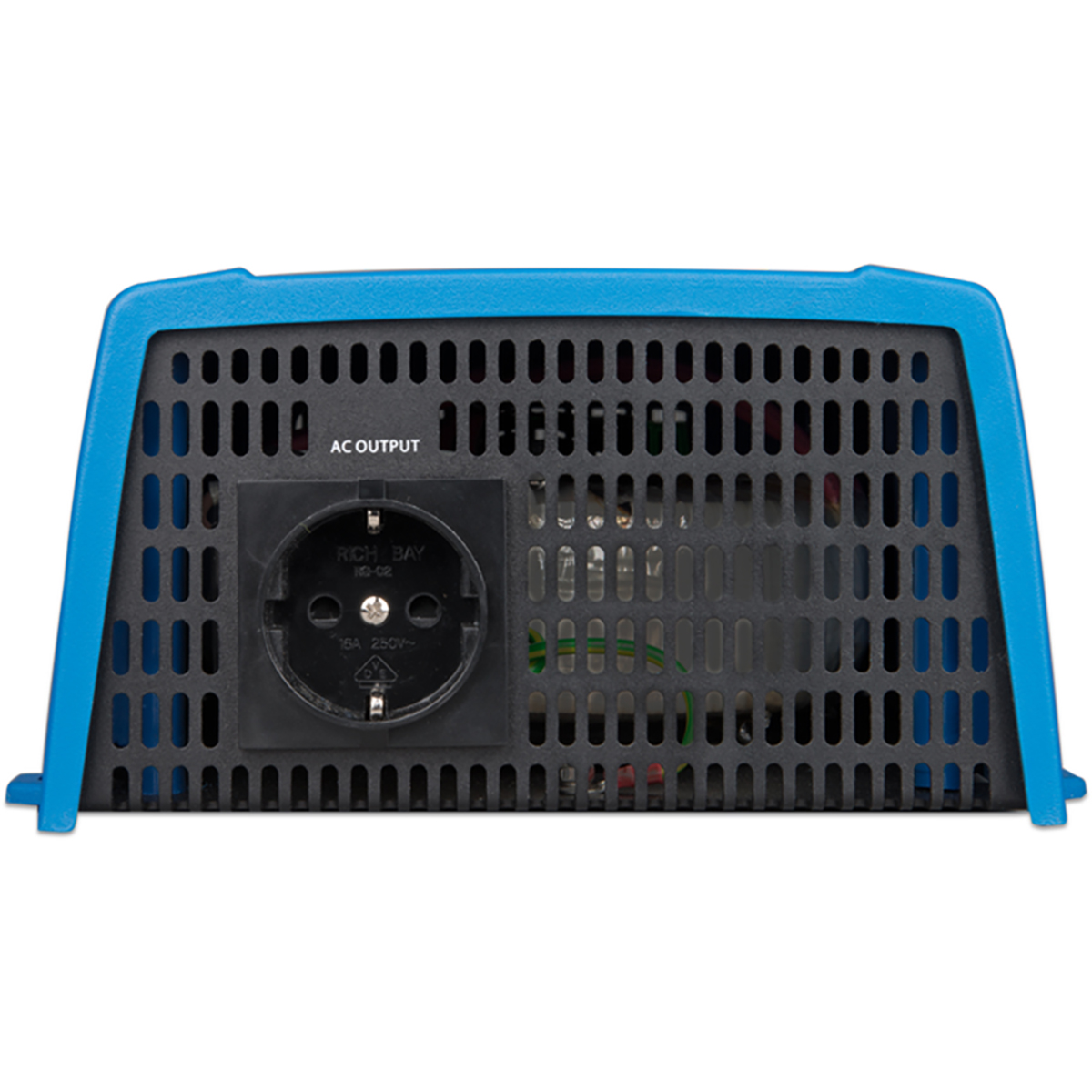 Retro di un dispositivo blu con presa di corrente e una griglia nera.