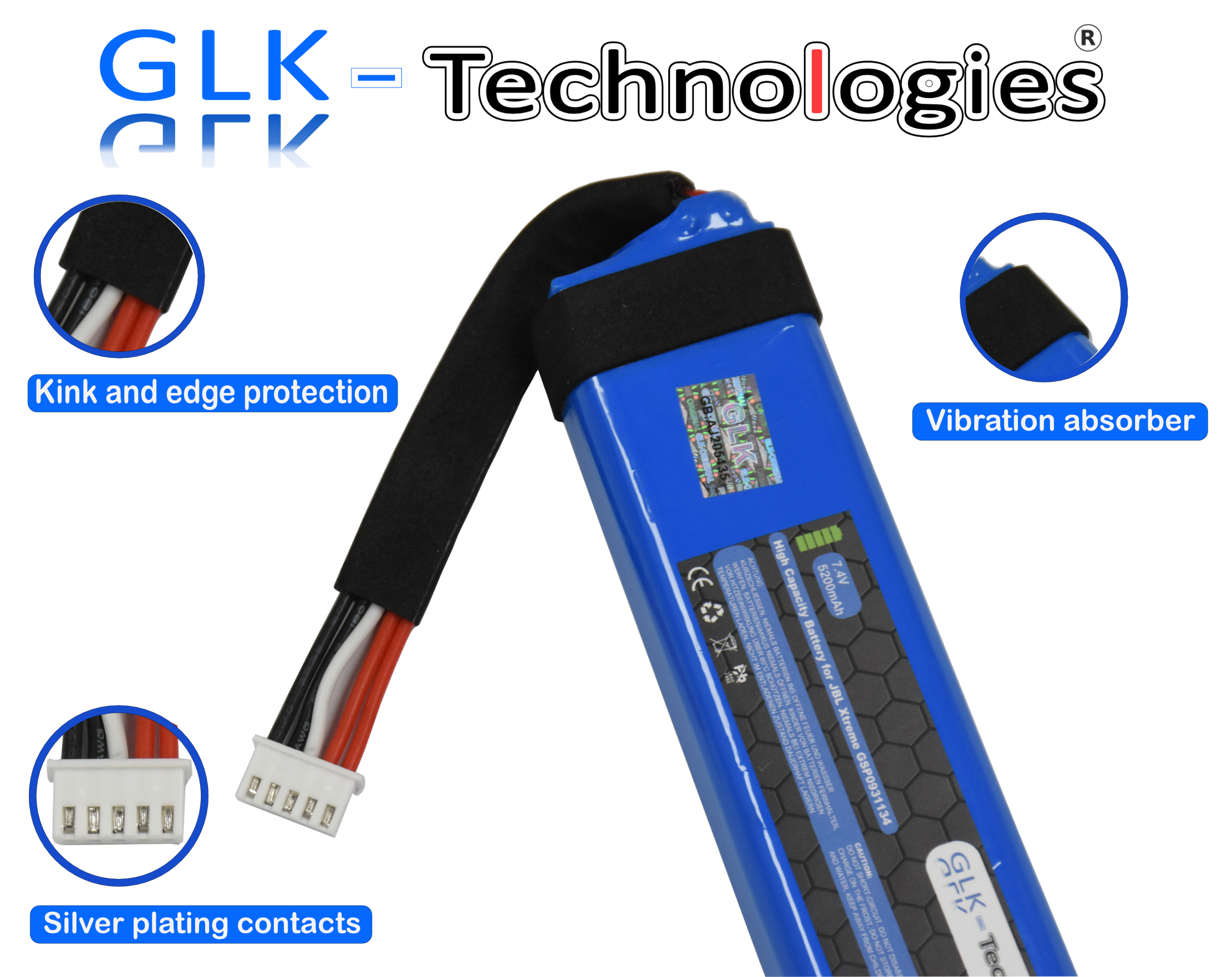 Blaue und schwarze Batterie mit schwarzem Riemen und weißem Stecker. Text: High Capacity Battery for JBL.