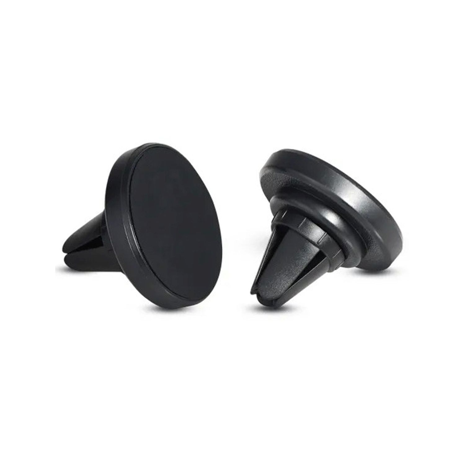 Zwei schwarze magnetische Autolüfterhalterungen. Eines ist an einem Lüfterclip befestigt.