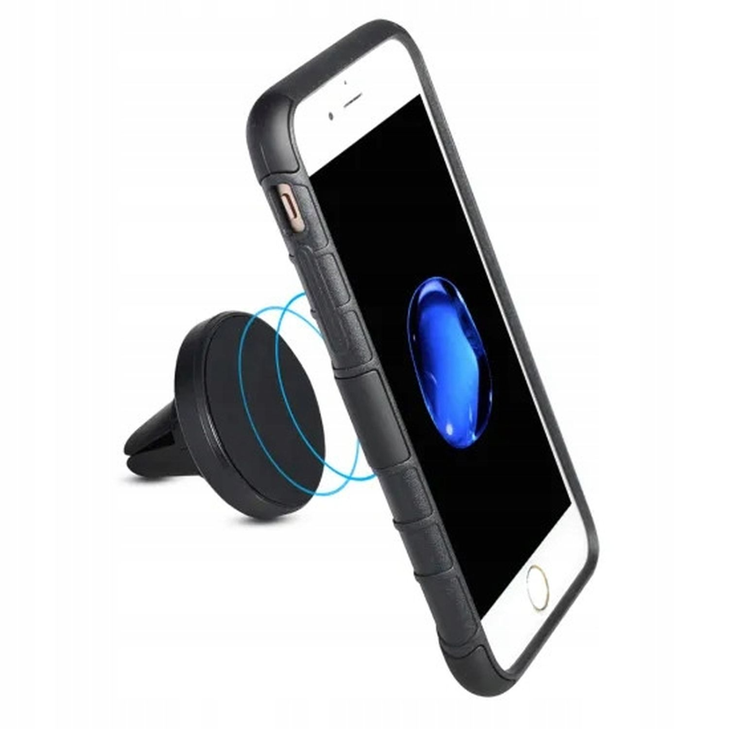Schwarzes Telefon in einer Hülle mit magnetischer Autohalterung. Telefon zeigt einen blauen Orb auf schwarzem Hintergrund.