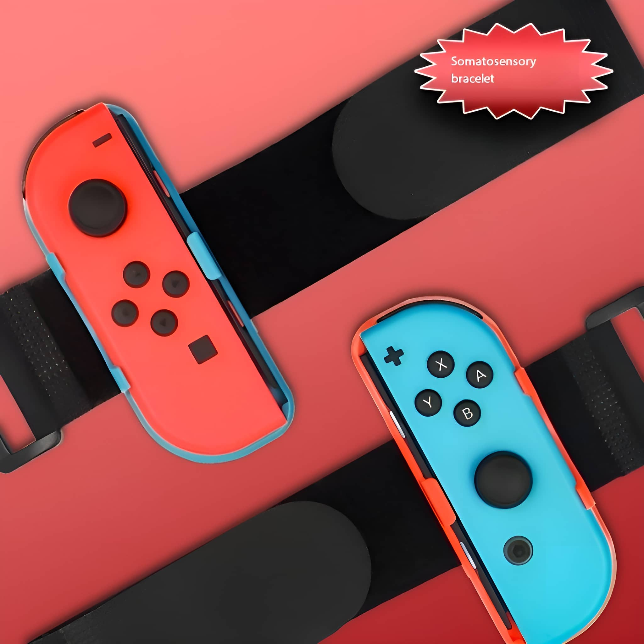 Rote und blaue Gamecontroller auf roter Oberfläche mit schwarzen Riemen. Ein Text sagt: Somatosensorisches Armband.