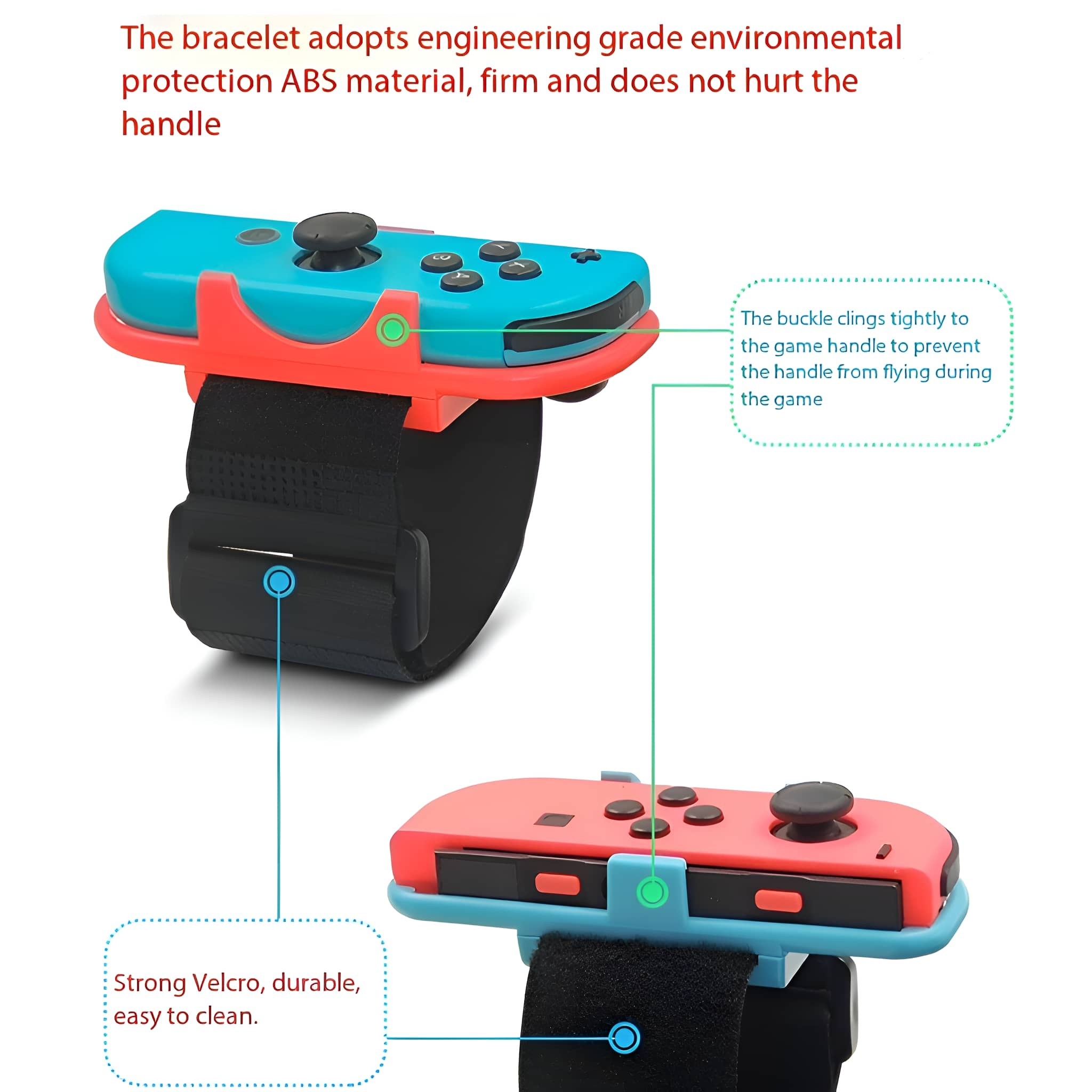 Zwei Controller-Halterungen für eine Spielkonsole, eine rot, eine blau, mit schwarzen Riemen.