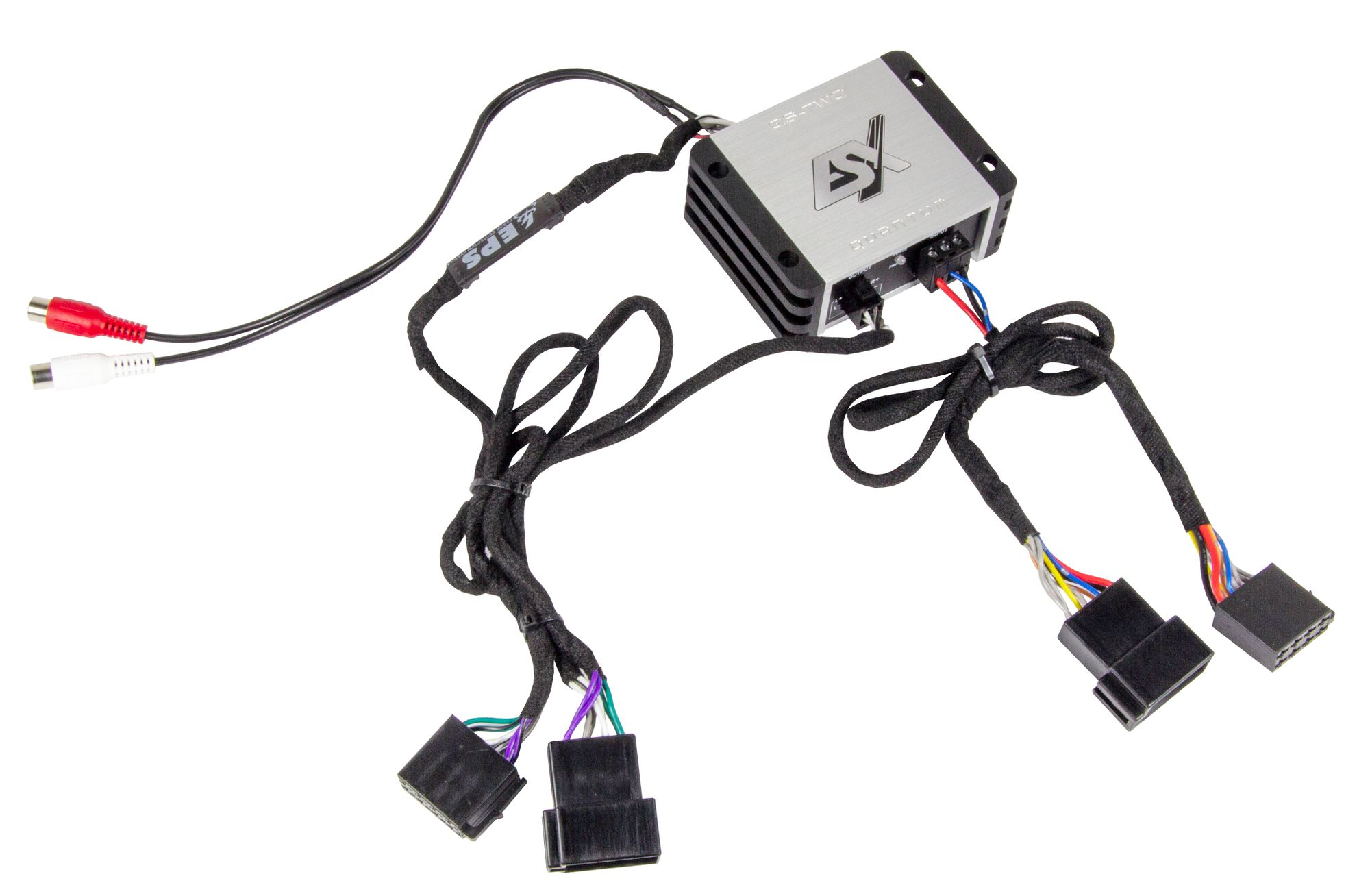 Elektronisches Gerät mit Kabeln und Anschlüssen, schwarz und silber, isoliert auf Weiß.