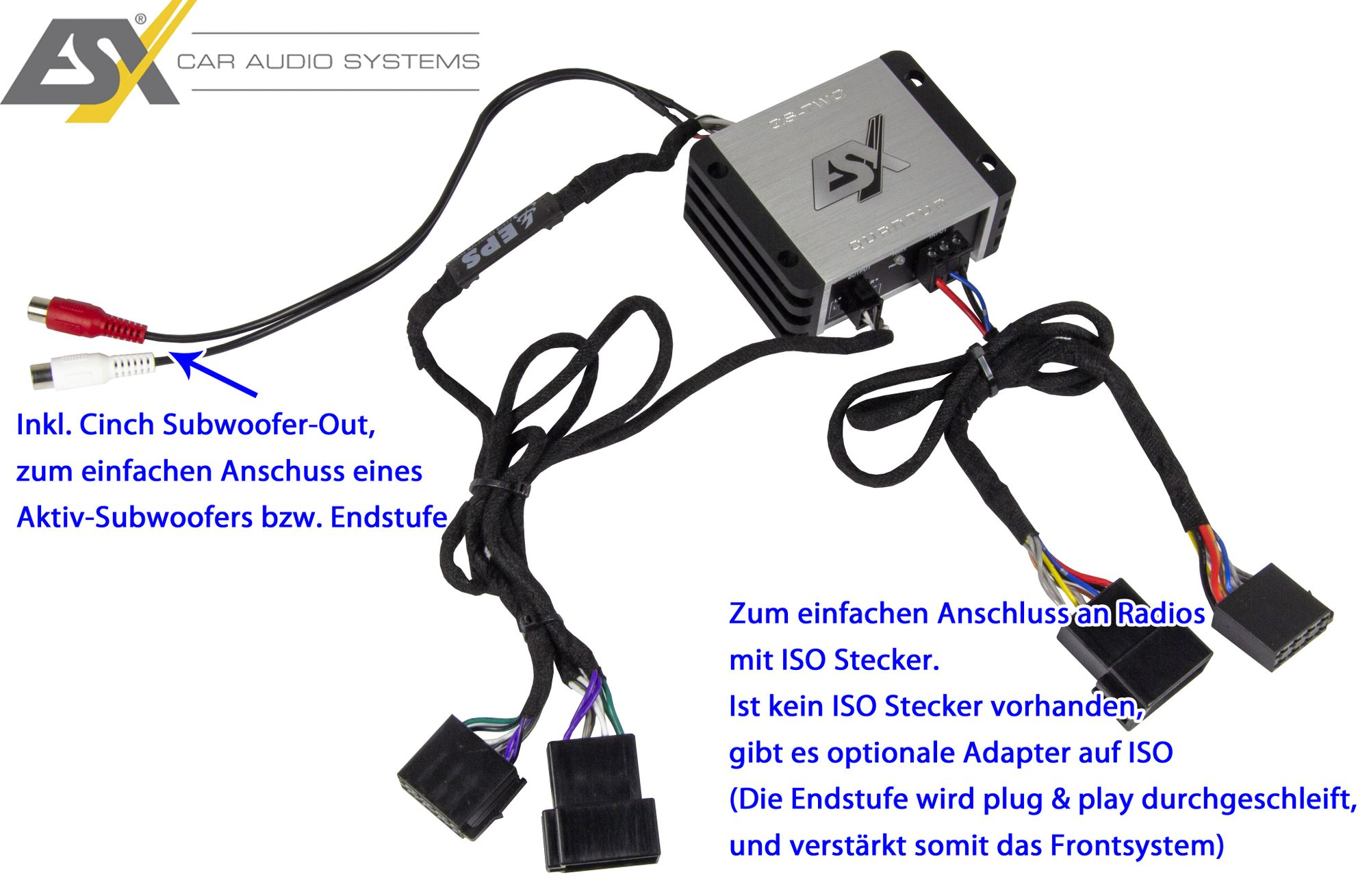 Kabelschema eines Auto-Audiosystems mit deutschem Text, Kabeln und Steckern.