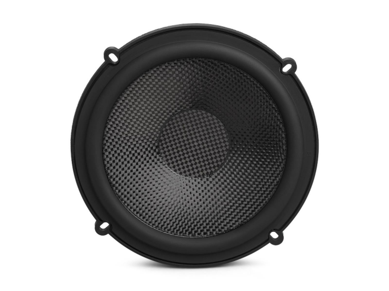 Haut-parleur rond noir avec un motif à carreaux au centre.