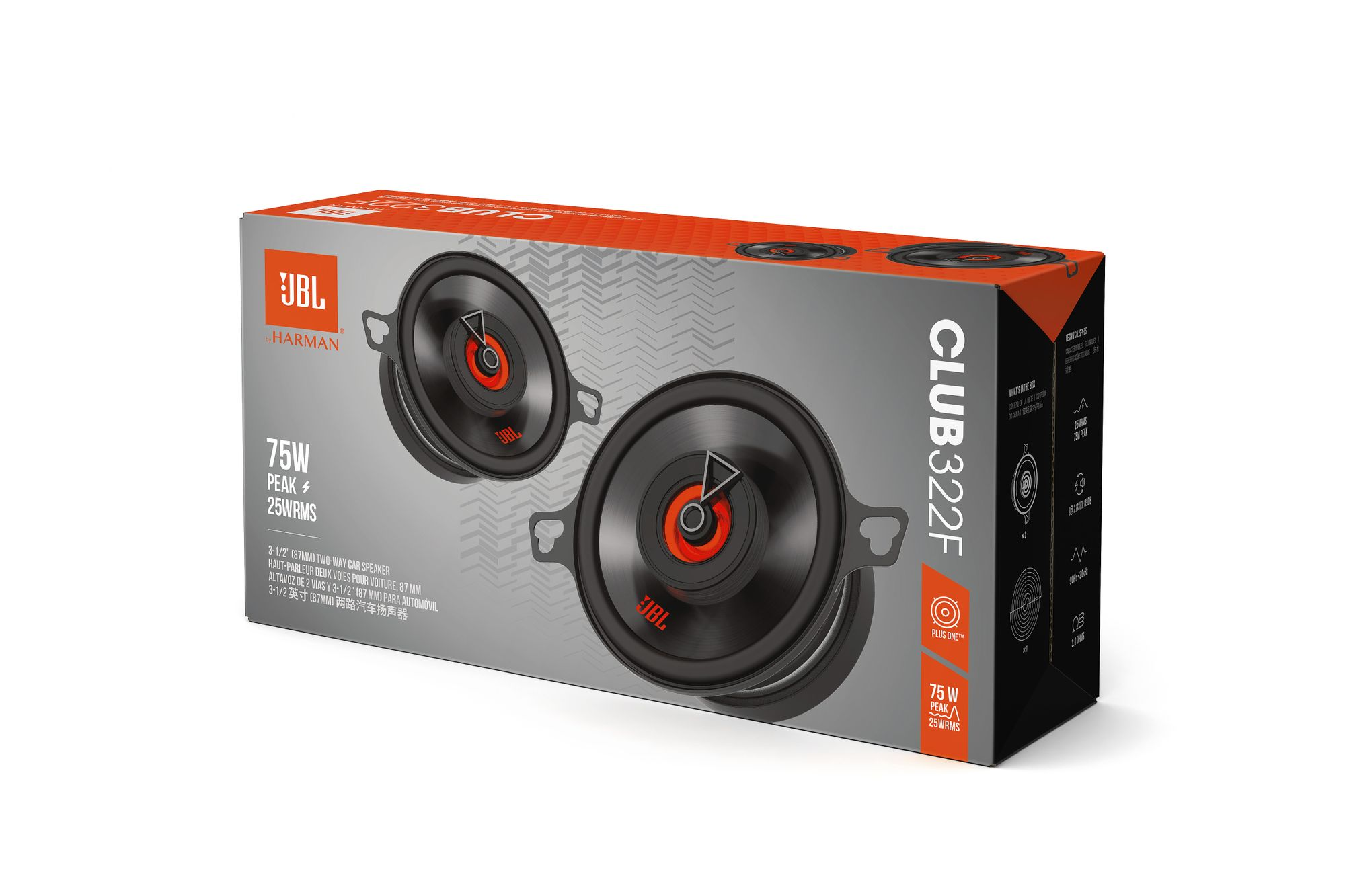 Una scatola di altoparlanti grigia JBL Harman con due altoparlanti visibili.