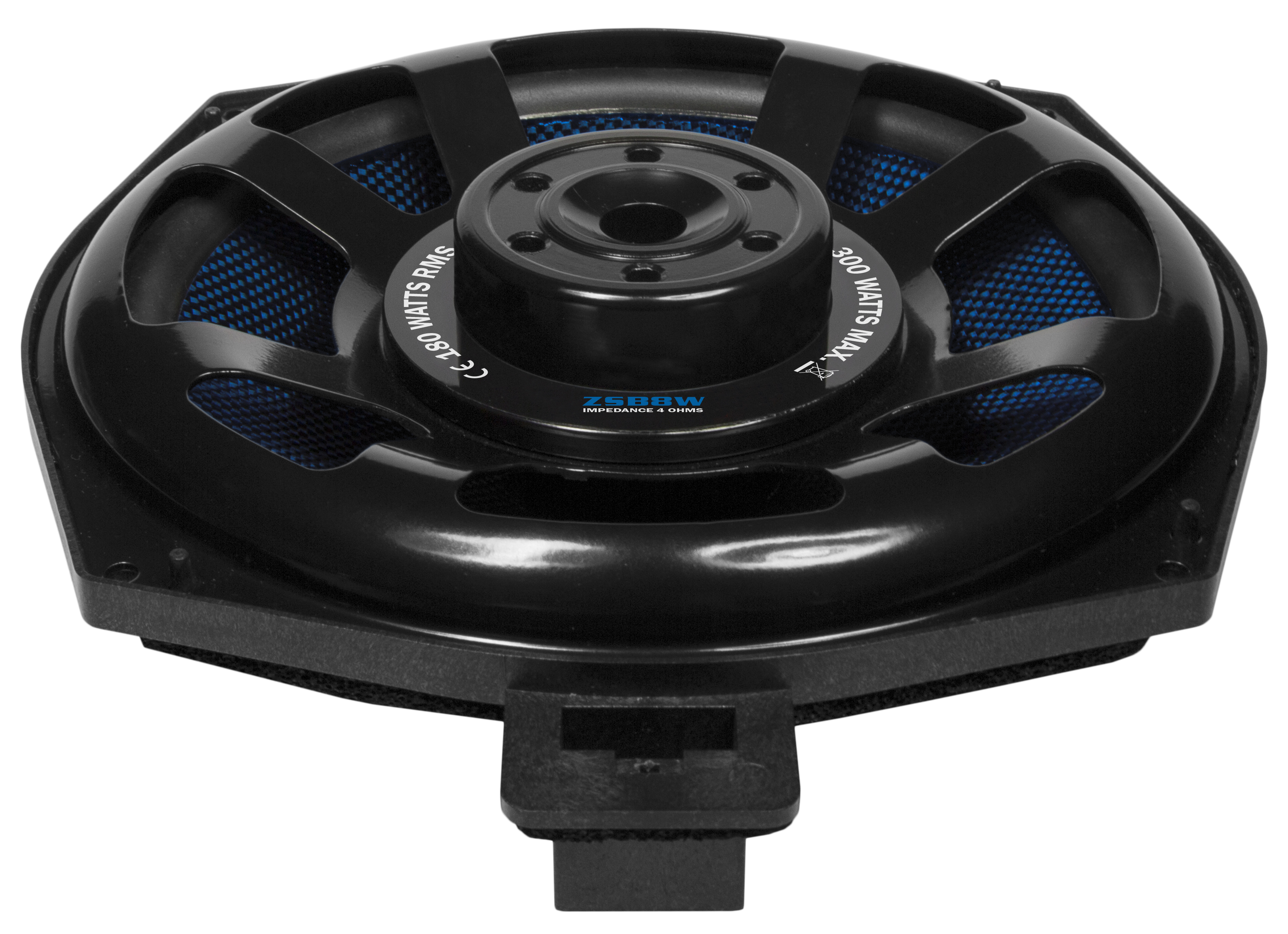 Schwarzer Auto-Lautsprecher mit blauem Netz und zentralem schwarzem Element. Text: 300 Watt RMS.