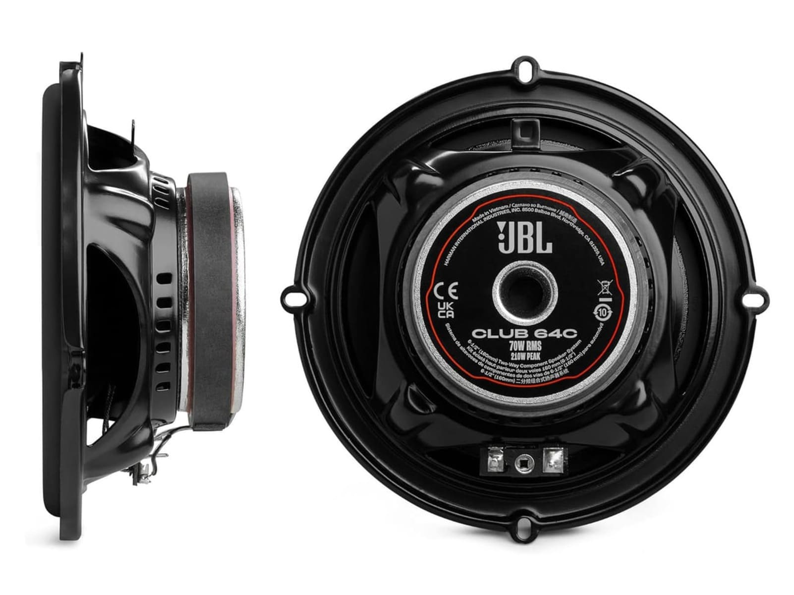 Deux haut-parleurs JBL noirs. L'un montre l'avant, l'autre une vue latérale.