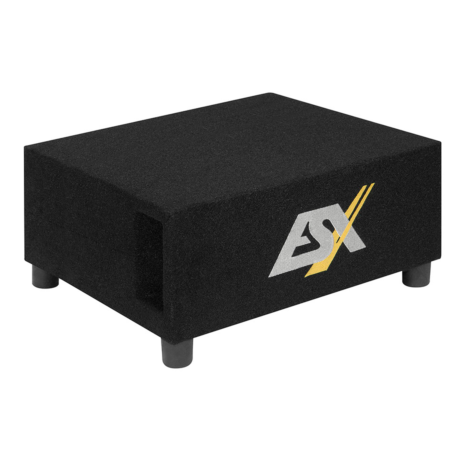 Schwarze Subwoofer-Box mit Logo. Sie steht auf vier kleinen schwarzen Füßen.