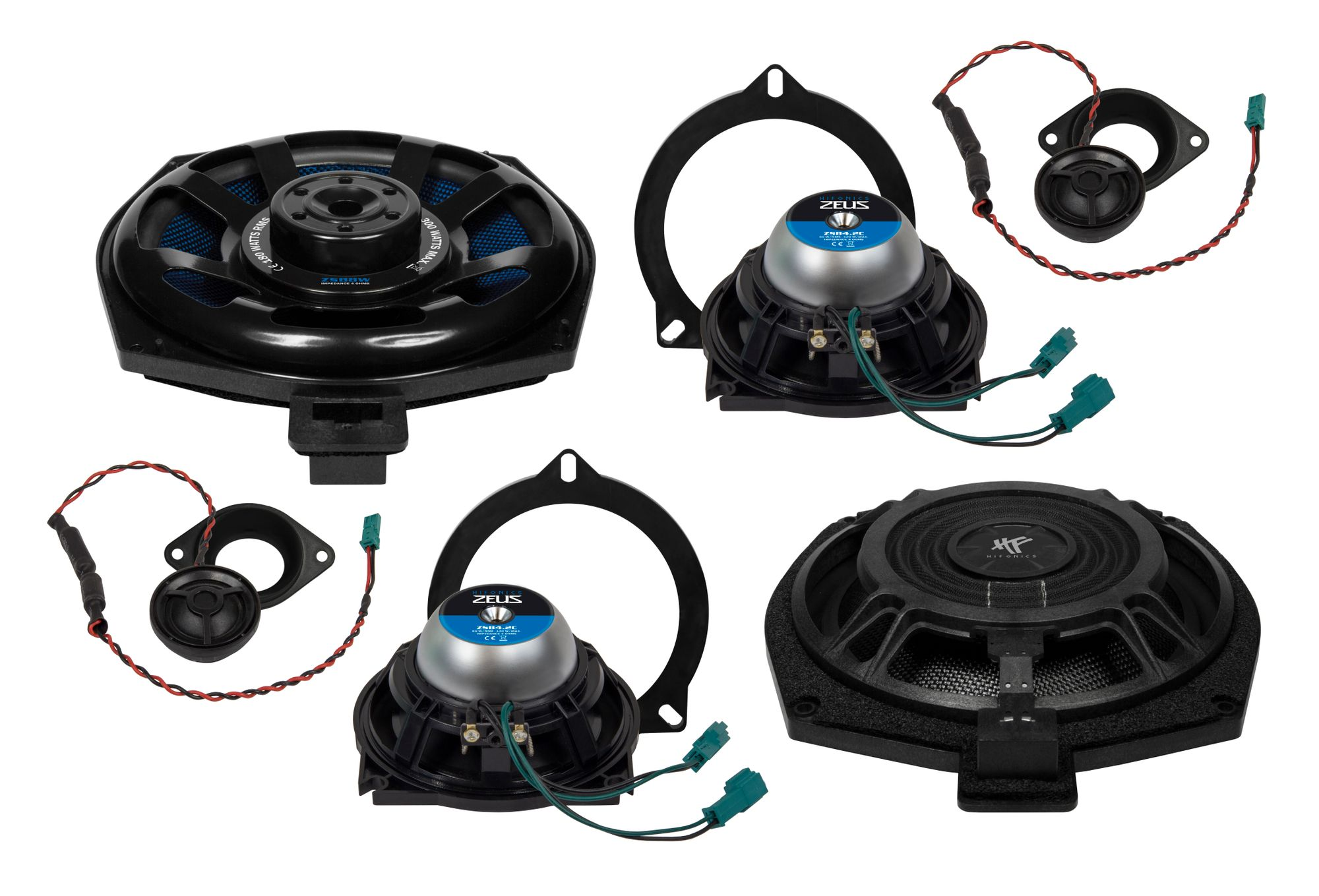 Auto-Lautsprecher: schwarzer Subwoofer und mehrere Zeus-Lautsprecher. Verschiedene Größen und Formen.