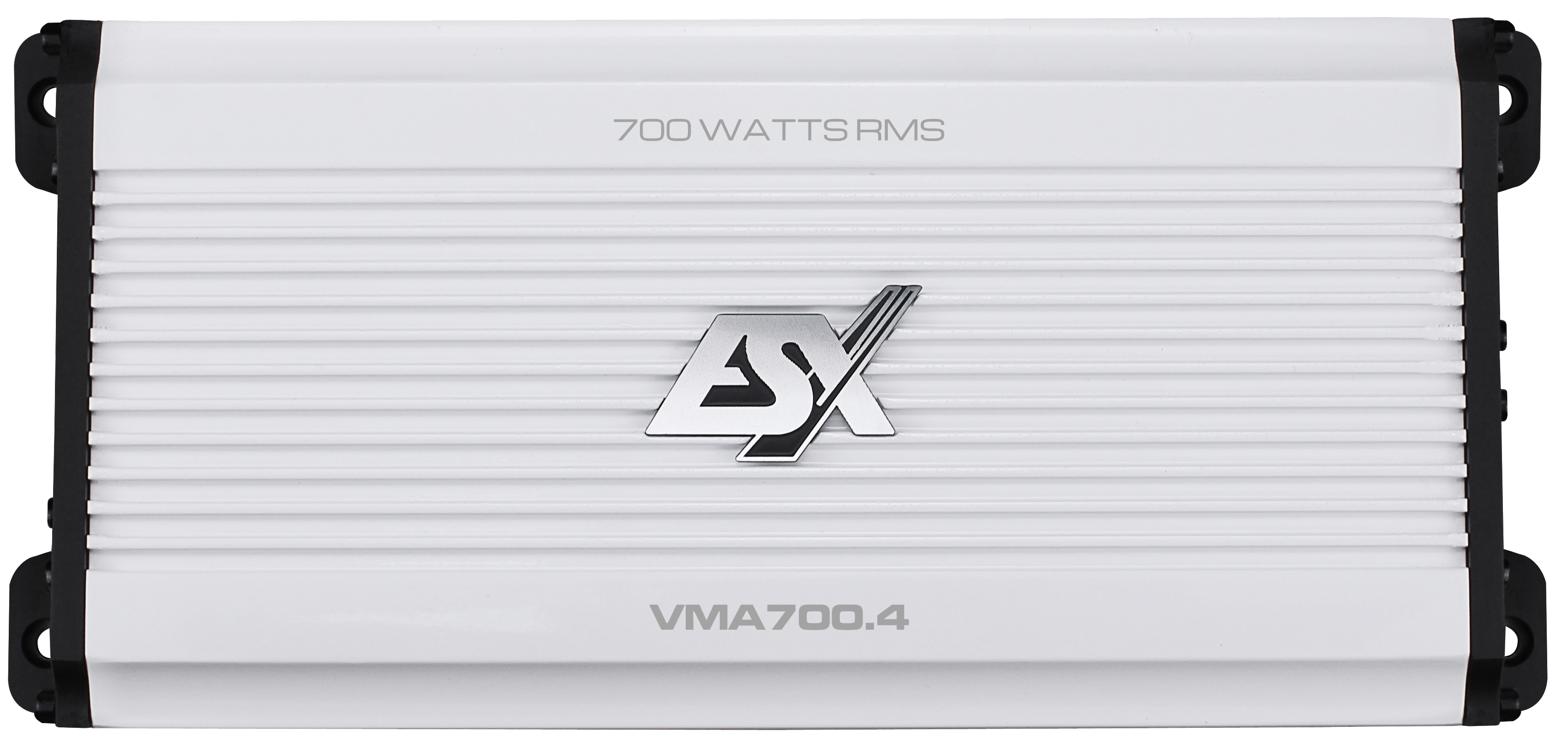 Weißer Verstärker mit schwarzen Kanten. Verfügt über die Marke ESX und den Text '700 WATTS RMS'.