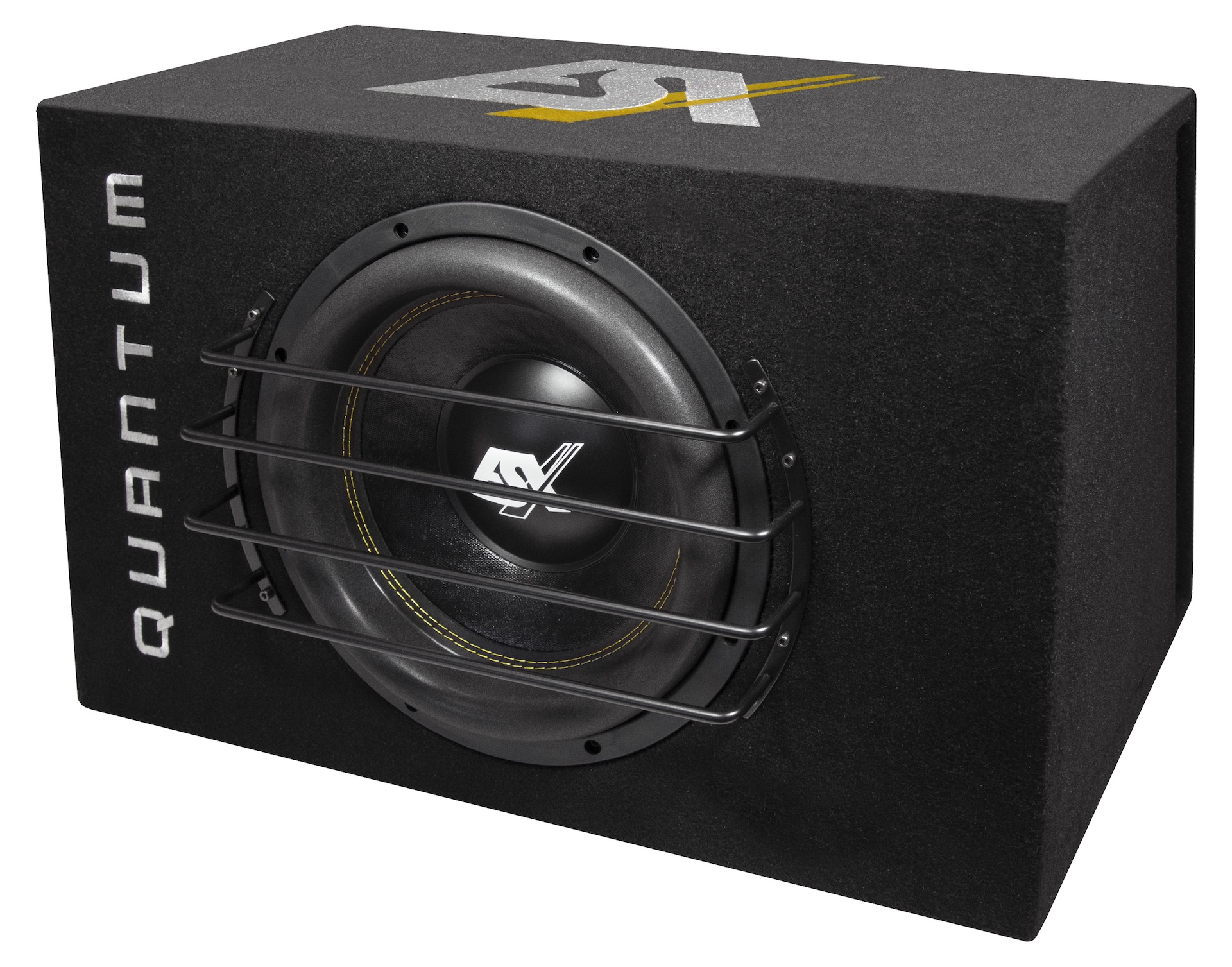 Ein schwarzer Subwoofer mit Lautsprechergrill und dem Wort QUANTUM in Weiß an der Seite.
