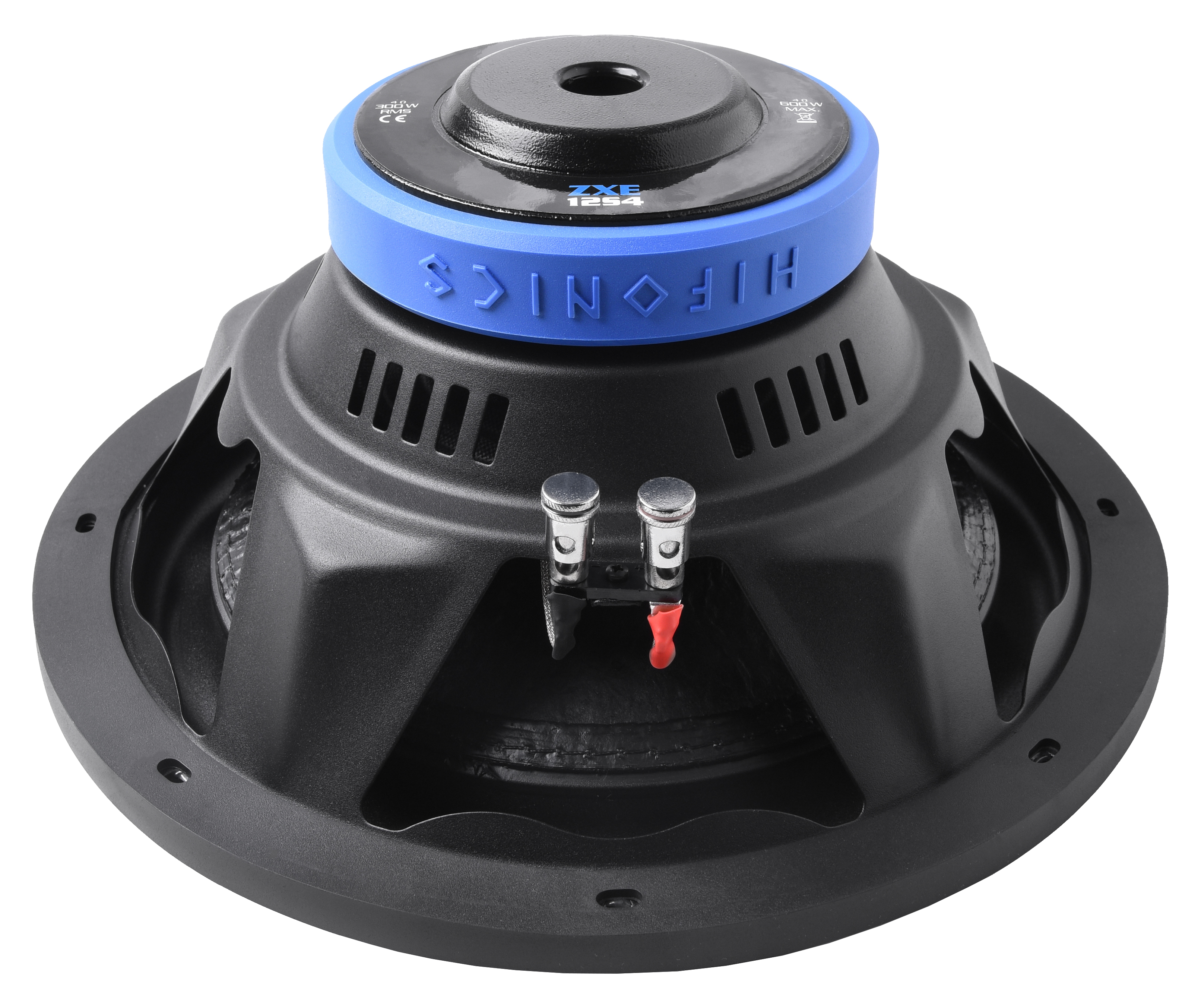 Nahaufnahme eines schwarzen Subwoofer-Lautsprechers mit blauem Ring und silbernen Anschlüssen, auf weißem Grund.