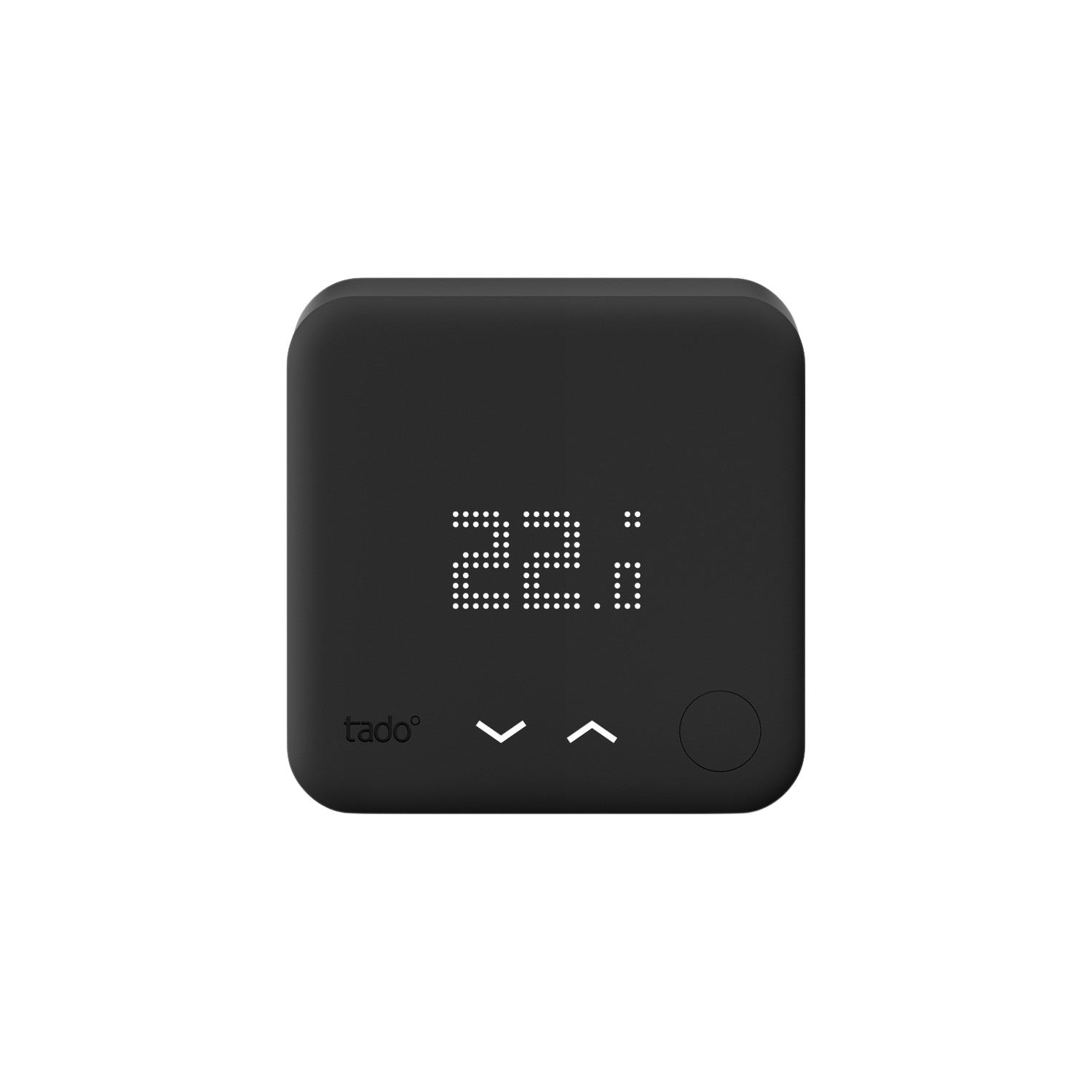 Schwarzer Thermostat mit Digitalanzeige, die 22.0 anzeigt.