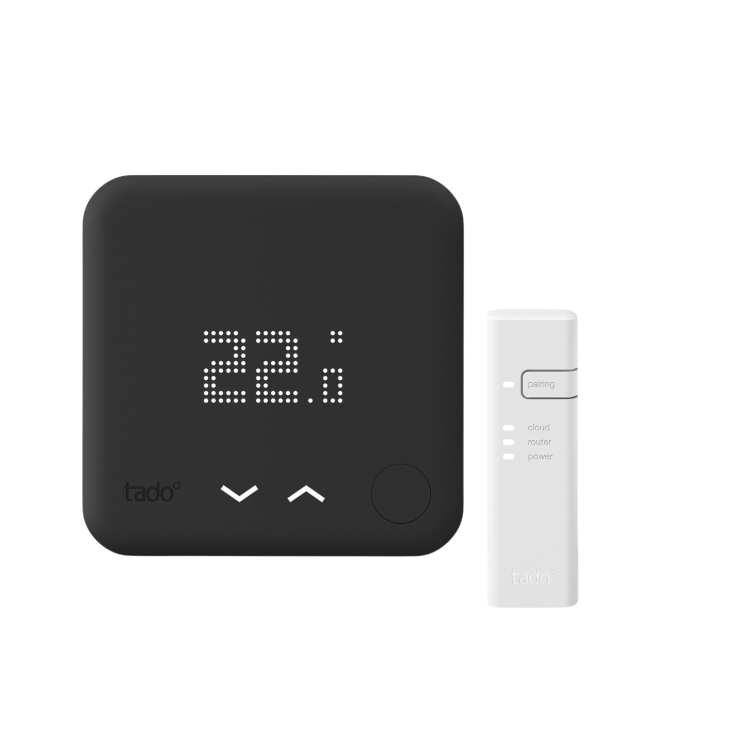 Schwarzer Smart-Thermostat mit weißer Fernbedienung. Der Thermostat zeigt '22.' und hat Pfeile.
