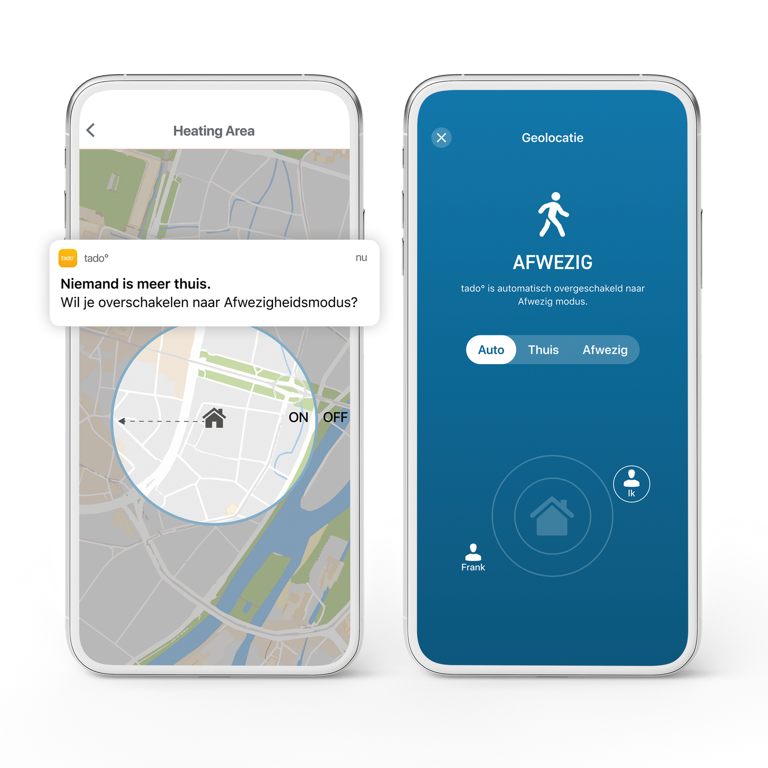 Zwei Smartphones, die eine Heizungssteuerungs-App anzeigen. App zeigt Standort und Abwesenheitsmodus.