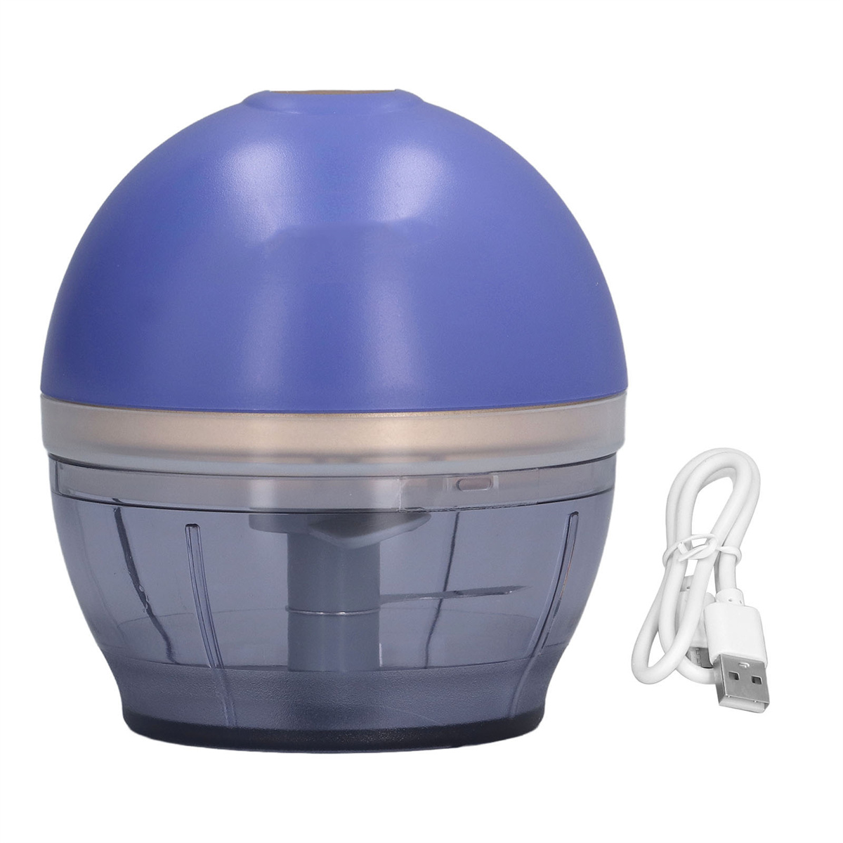 Ein blauer und klarer elektrischer Zerkleinerer mit einem USB-Ladekabel.