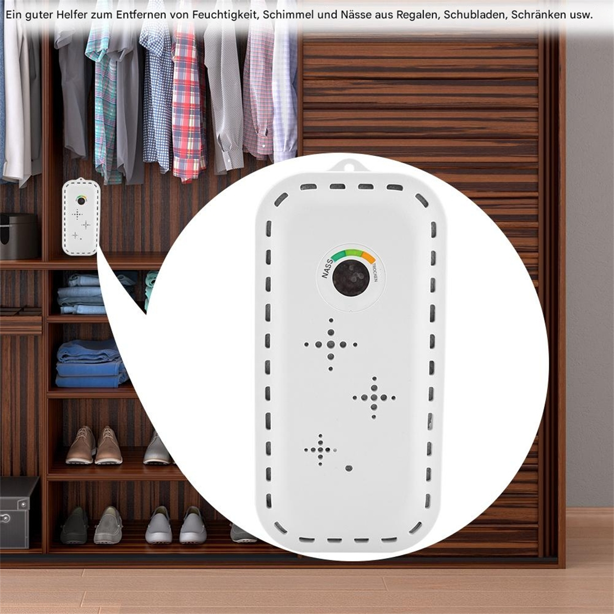 Ein weißer Feuchtigkeitsabsorber in einem Kleiderschrank, mit Text und einer visuellen Anzeige.