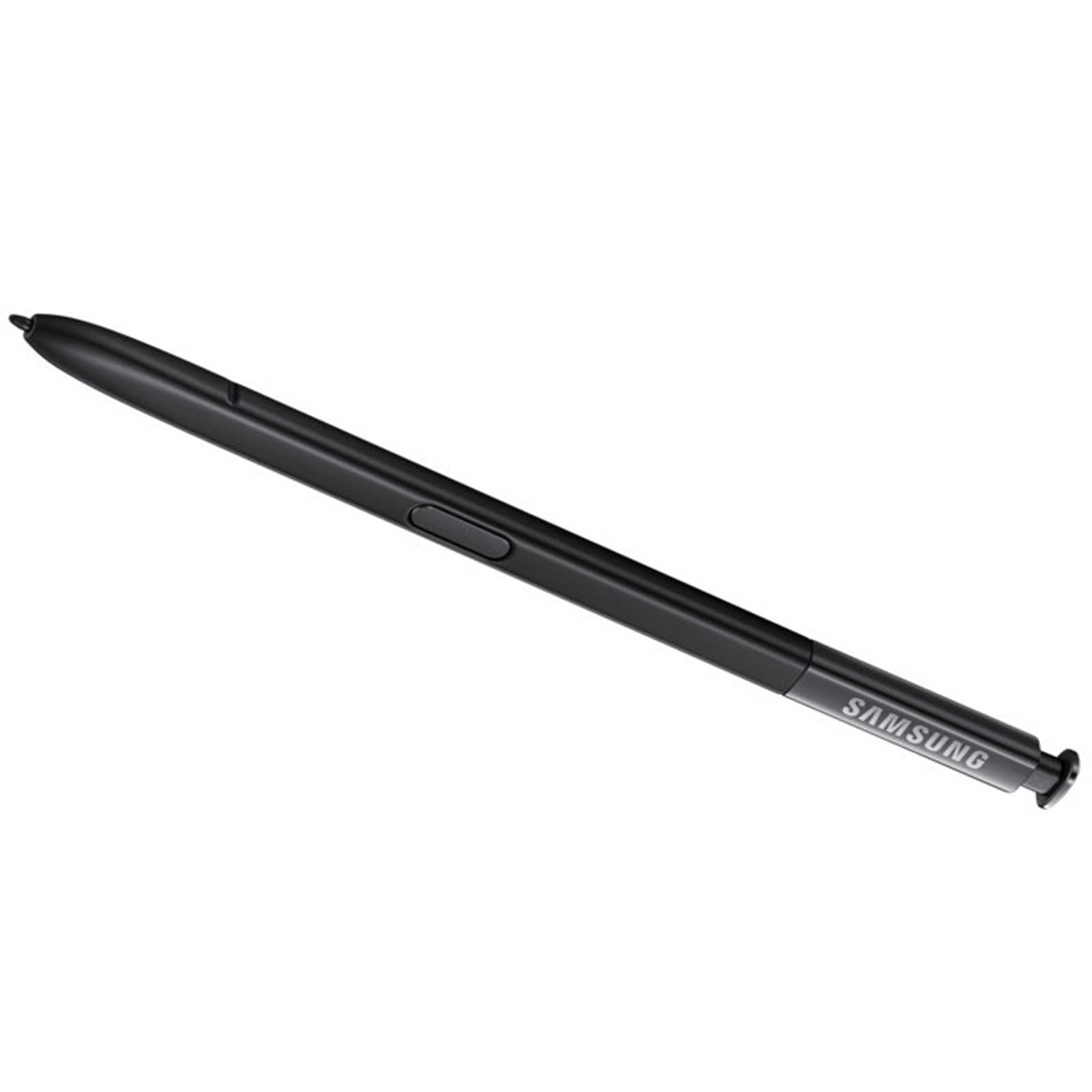 Se muestra un lápiz óptico Samsung S-Pen negro, aislado sobre un fondo blanco para la presentación del producto.