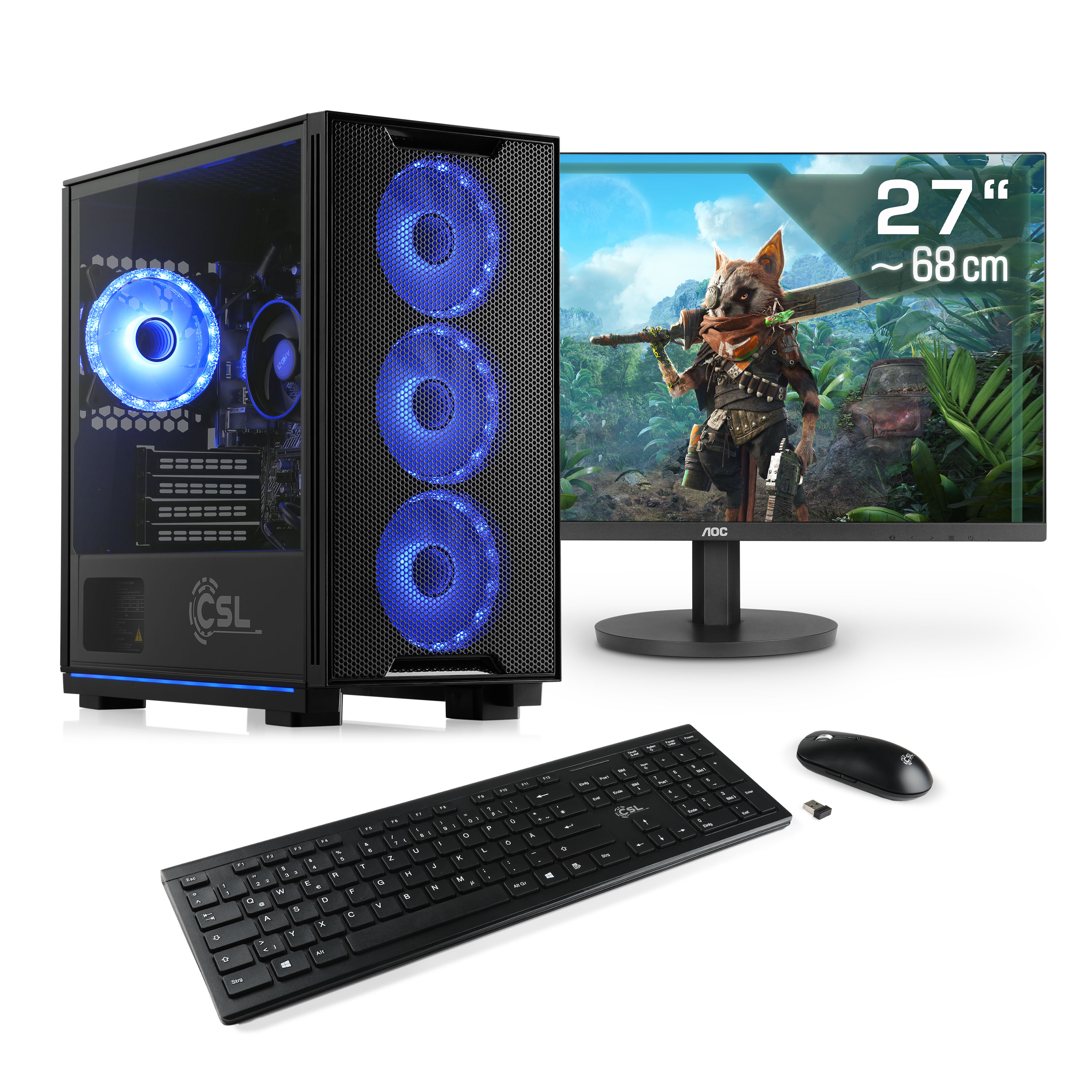 Gaming-Computer mit Monitor, Tastatur, Maus. Blaue Lichter am Computer. Weißer Hintergrund.