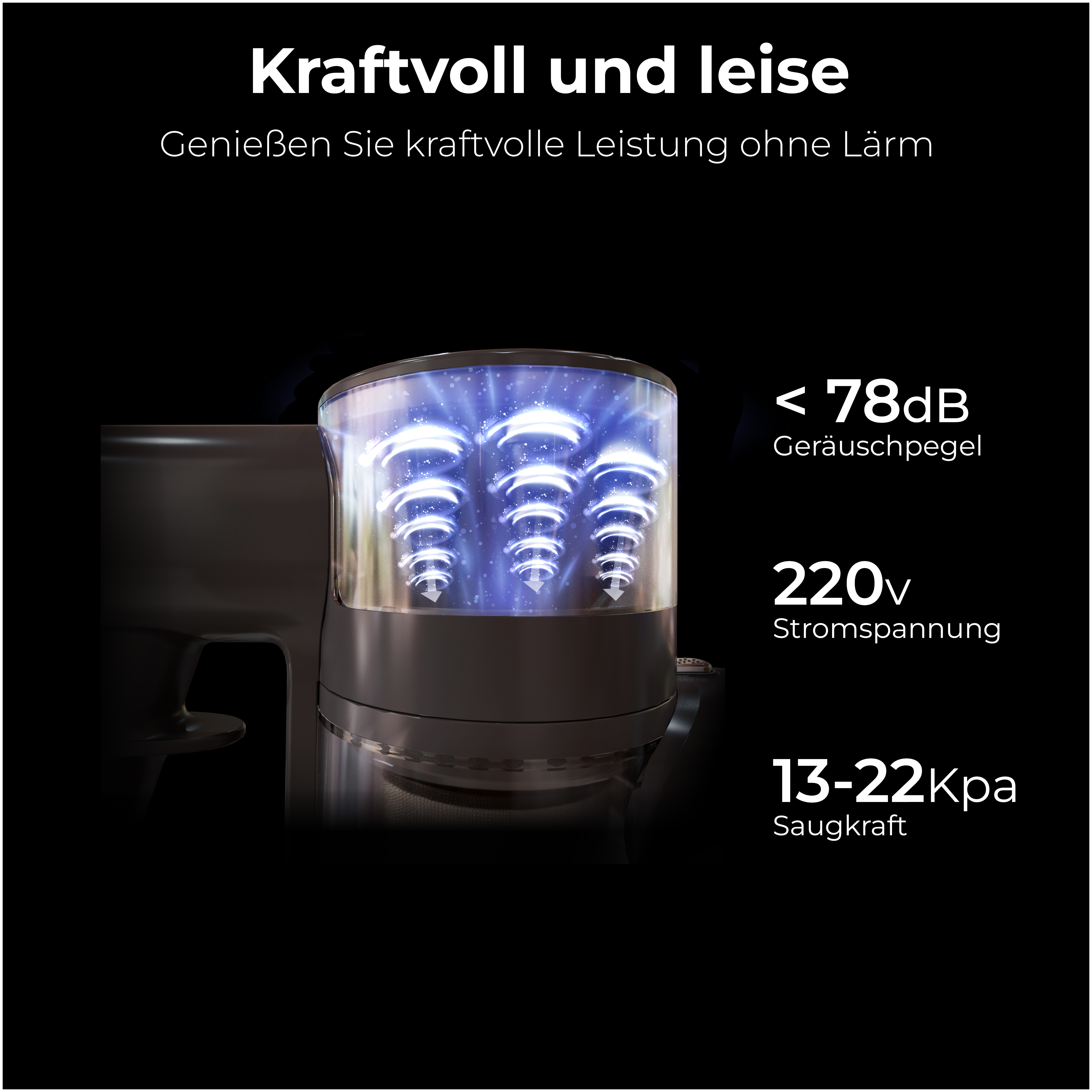 Nahaufnahme eines Staubsaugers mit Text zu Geräusch, Spannung und Leistung.