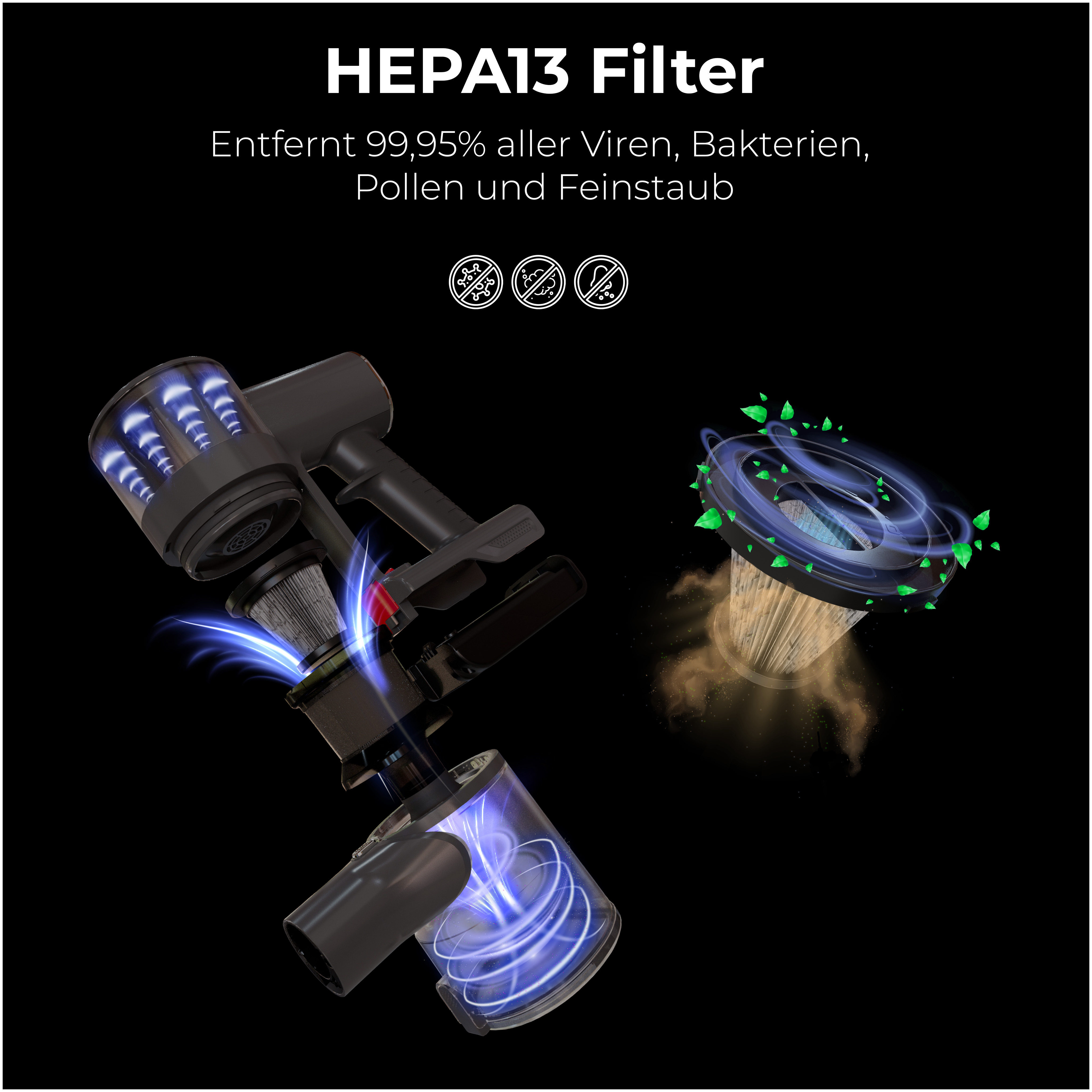 Staubsauger, Explosionsansicht, Filter und blauer Luftstrom hervorgehoben.