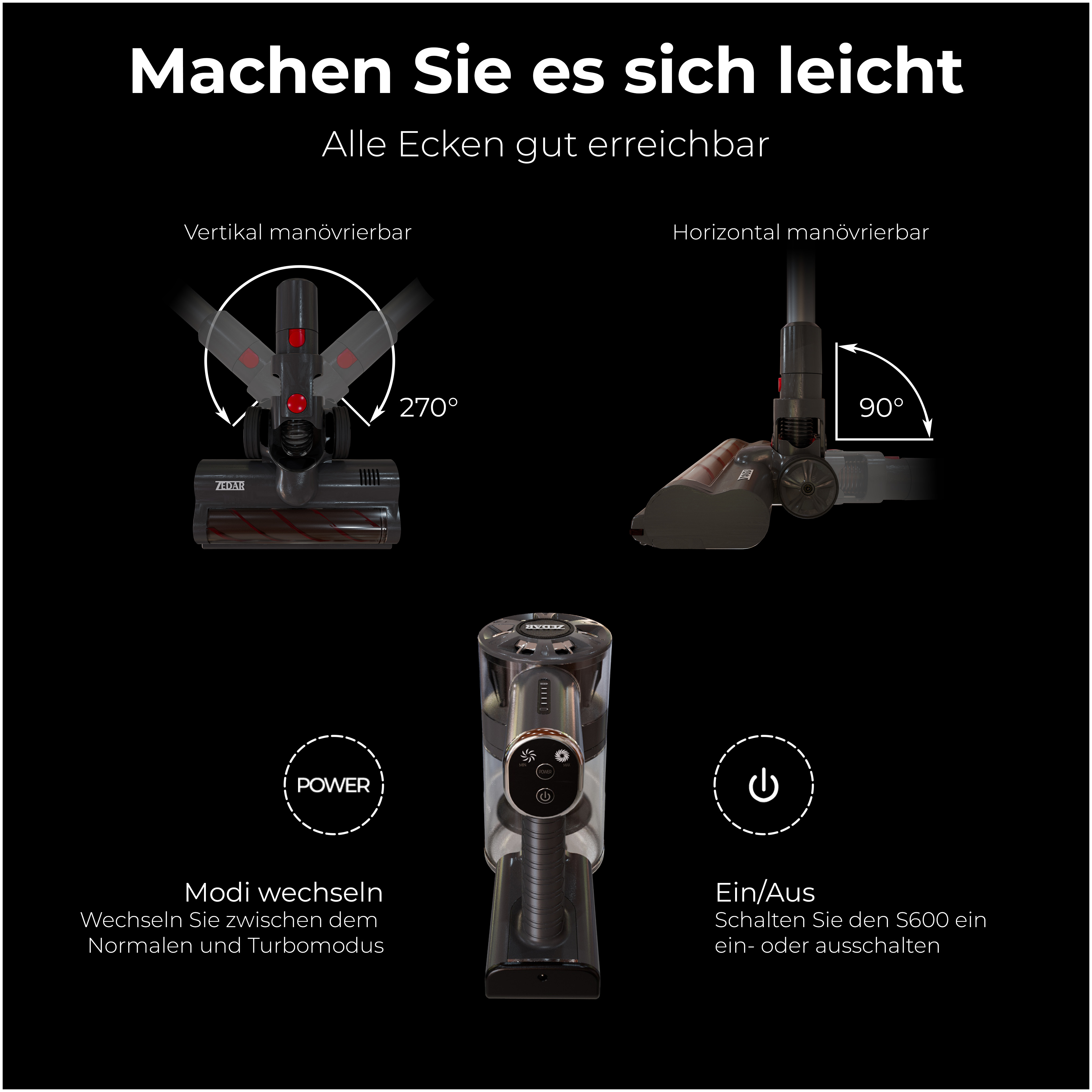 Diagramm, das einen Staubsauger mit verstellbaren Teilen und Ein-/Aus-Taste mit deutschem Text zeigt.