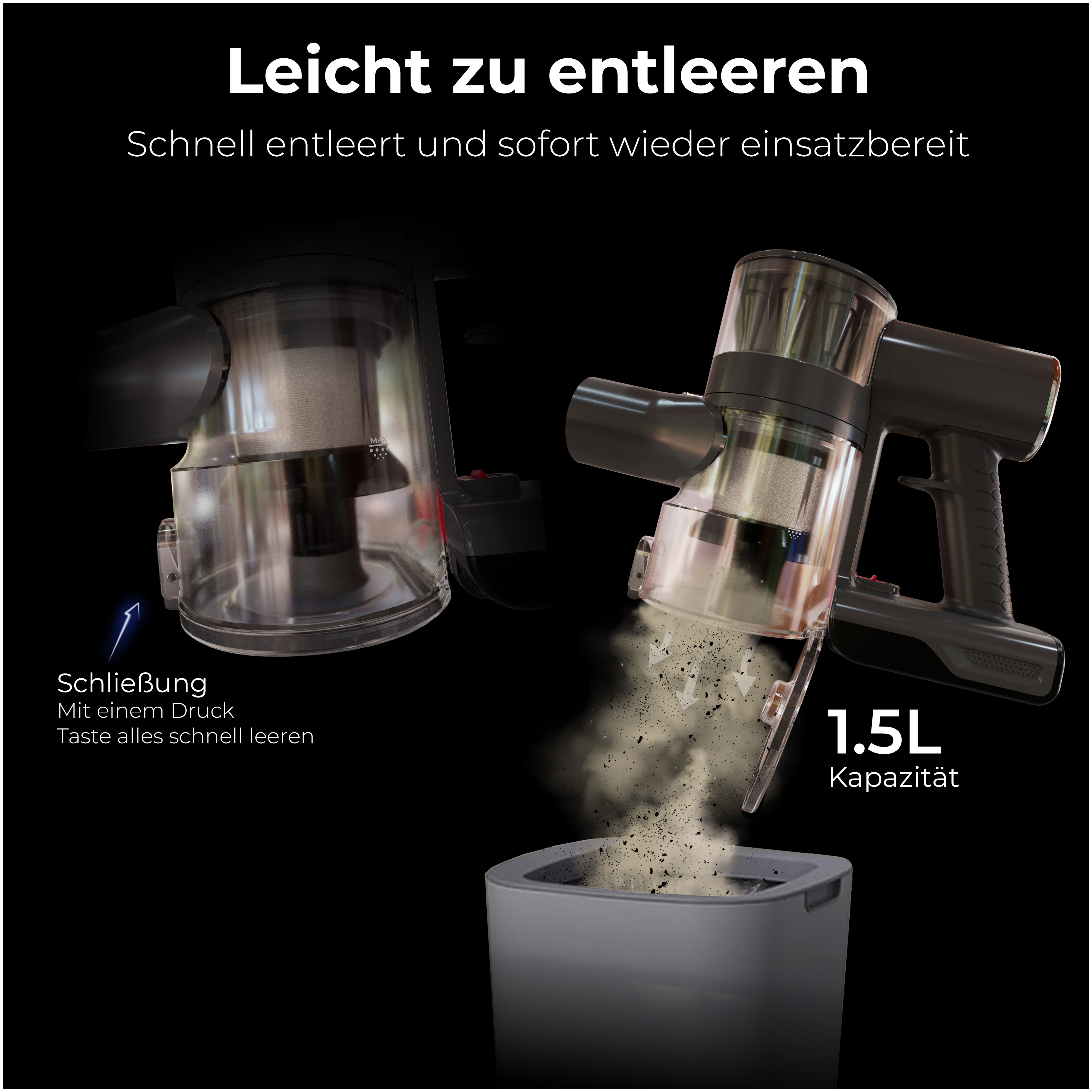 Zwei kabellose Staubsauger, einer wird in einen grauen Mülleimer entleert.