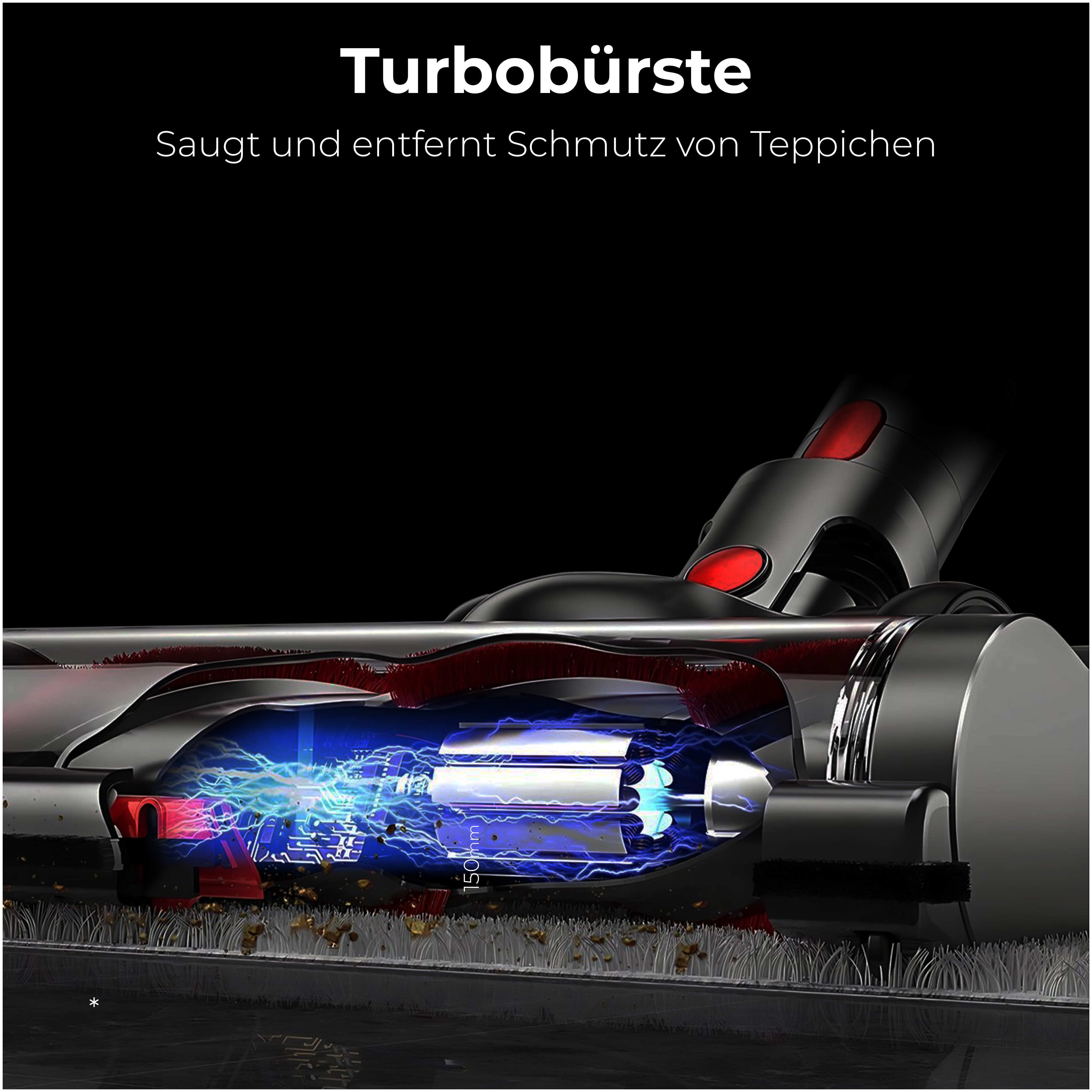 Nahaufnahme eines Staubsaugers, der die inneren Funktionen der Turbinenbürste zeigt.